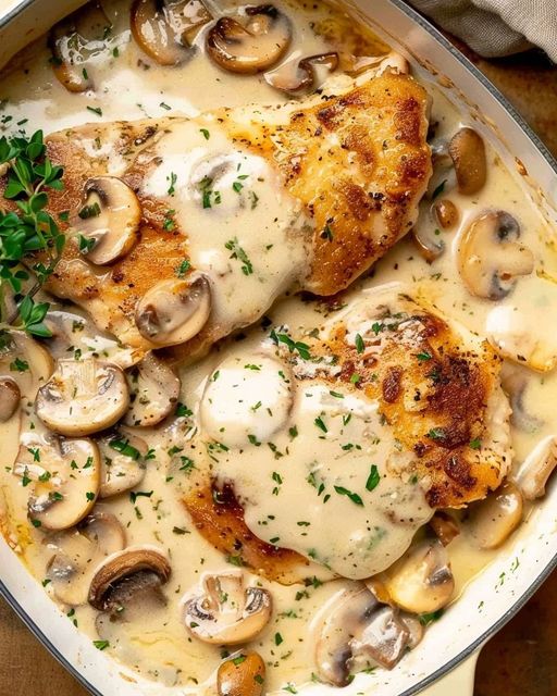 Filets de poulet gratinés à la crème de champignons