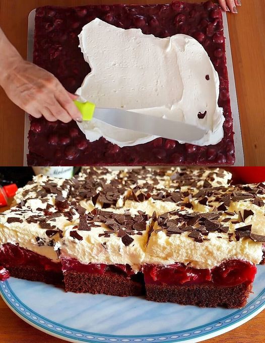 Gâteau Forêt-Noire en grand plat avec cerises au sirop