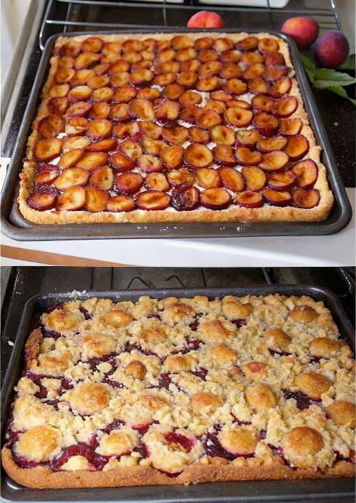 Gâteau moelleux aux prunes et crumble express au four