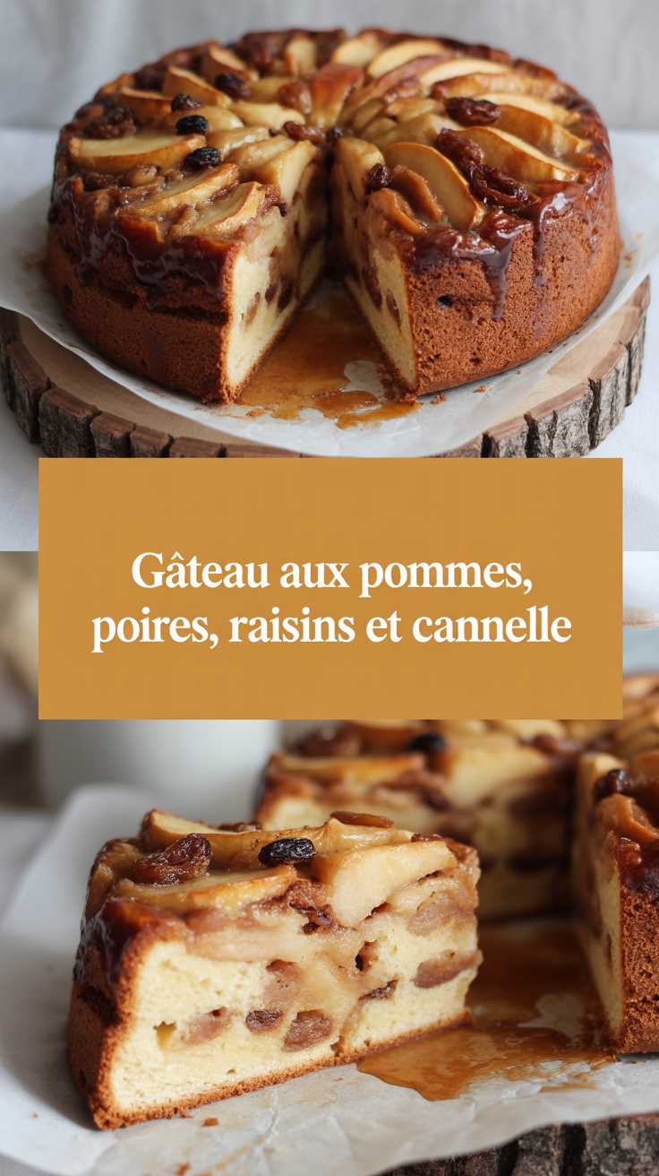 Gâteau aux pommes, poires, raisins et cannelle