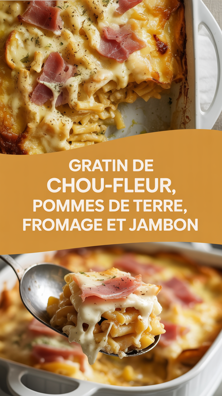 Gratin de chou-fleur, pommes de terre, fromage et jambon