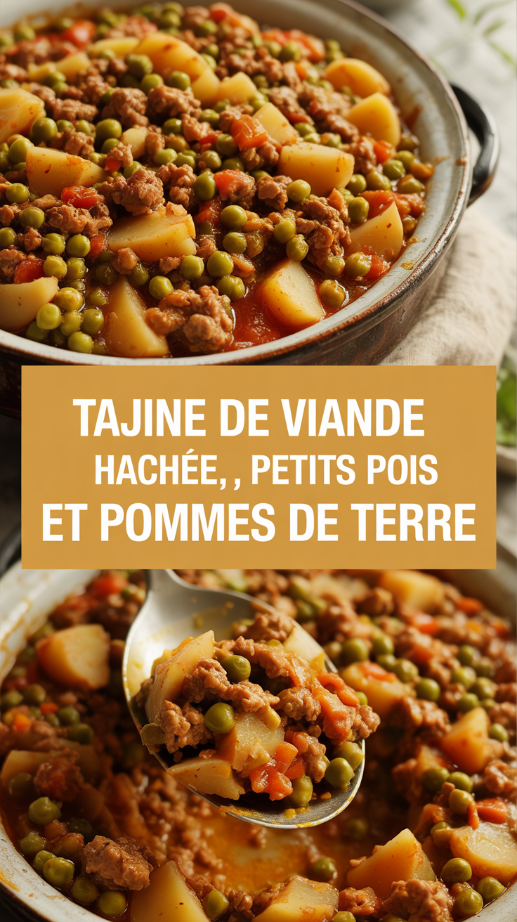 Tajine de viande hachée, petits pois et pommes de terre