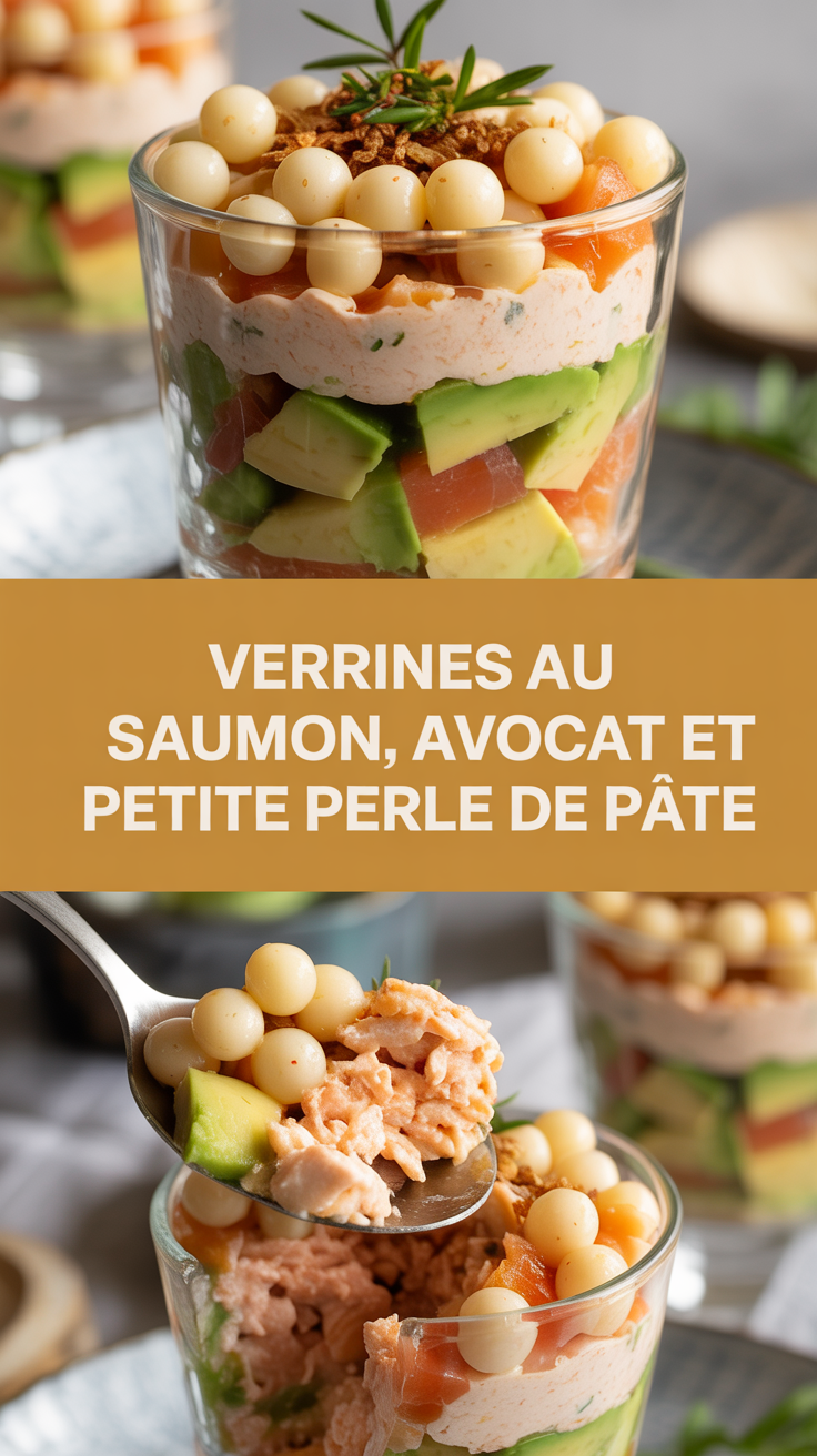 Verrines au saumon, avocat et petite perle de pâte
