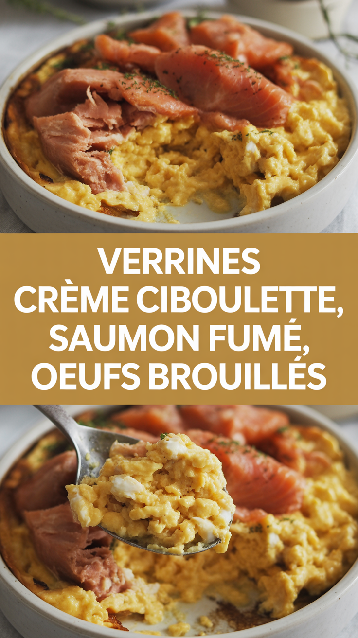 Verrines crème ciboulette, saumon fumé, oeufs brouillés