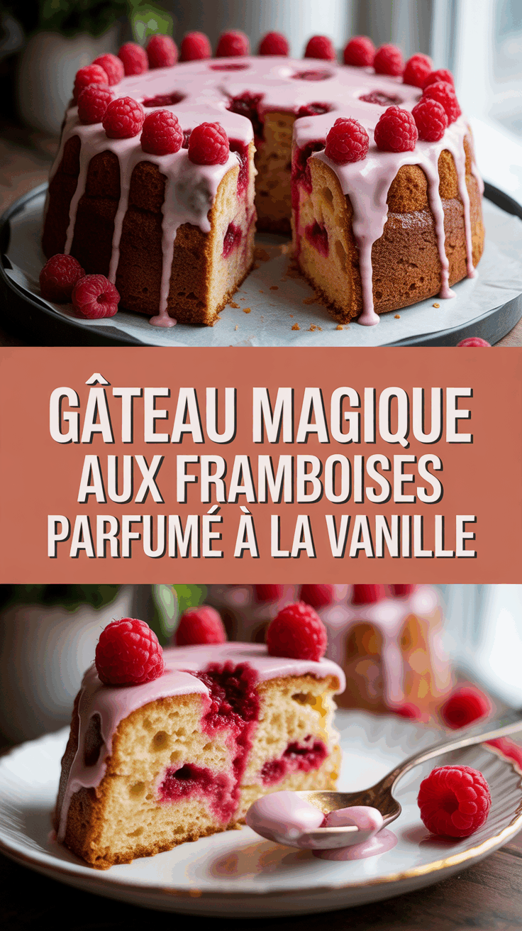 Gâteau magique aux framboises parfumé à la vanille