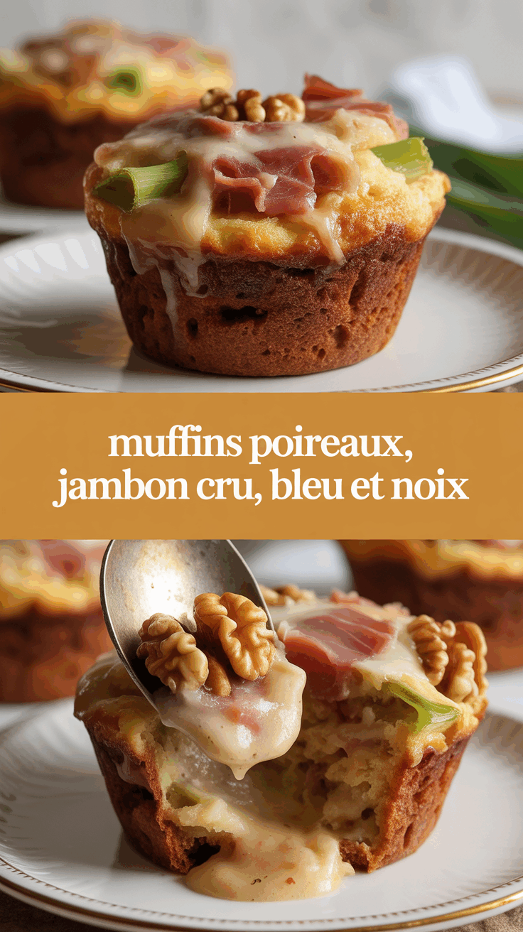 Muffins poireaux, jambon cru, bleu et noix