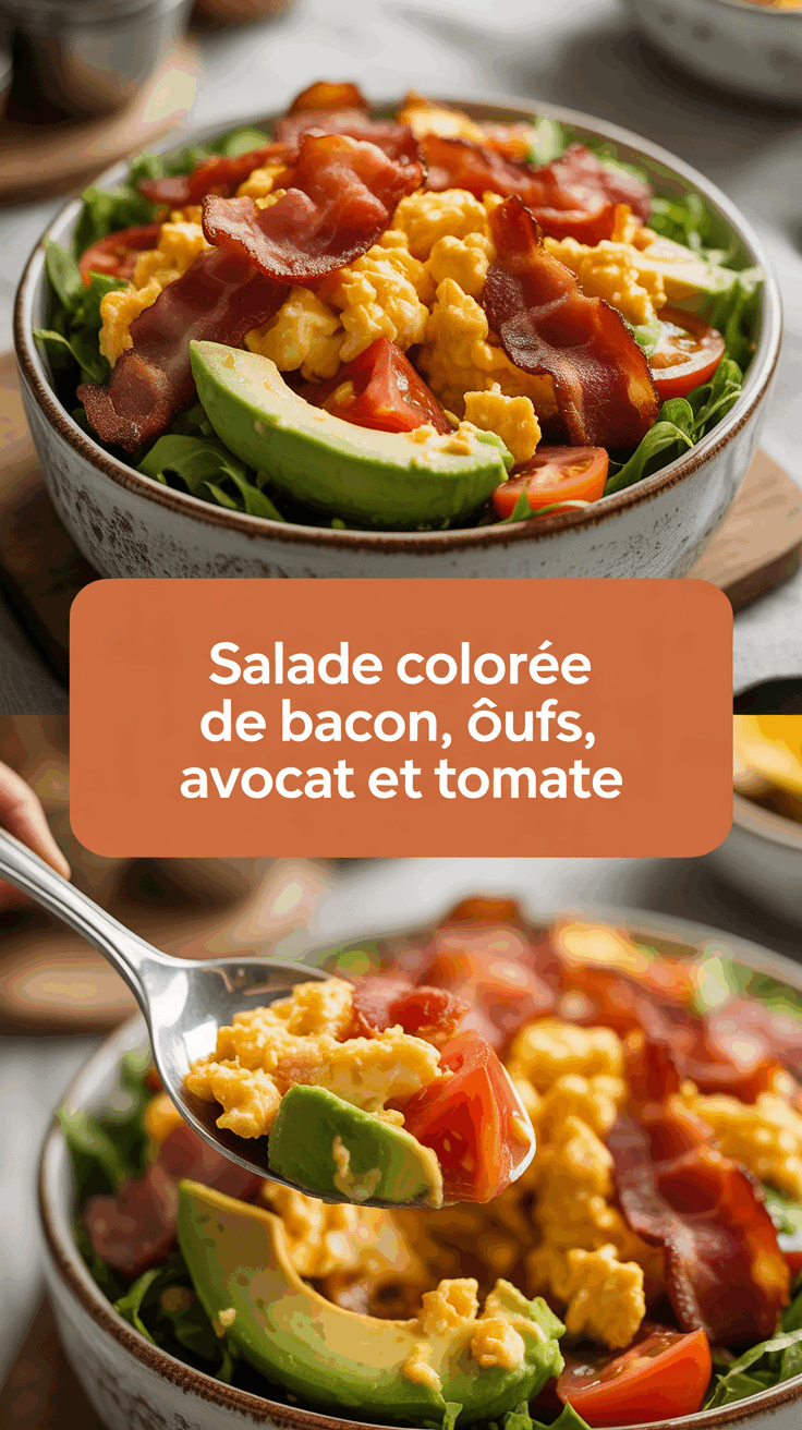 Salade colorée de bacon, œufs, avocat et tomate