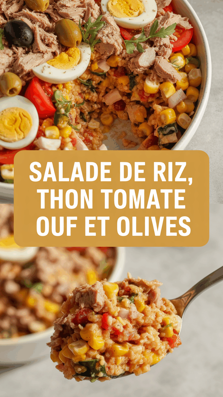Salade de riz thon maïs tomate oeuf et olives