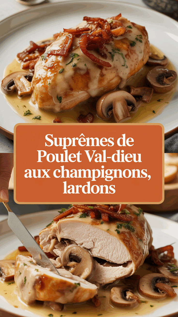 Suprêmes de poulet Val-Dieu aux champignons, lardons