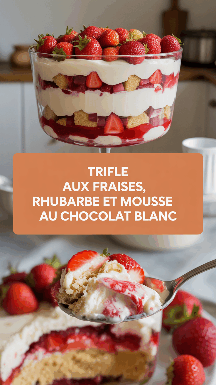 Trifle aux fraises, rhubarbe et mousse au chocolat blanc