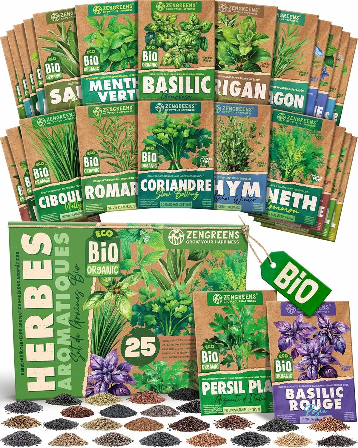 Kit de 25 graines herbes aromatiques bio ZenGreens – basilic, thym, persil, coriandre, menthe, romarin, aneth – semences reproductibles pour jardin balcon et jardinière