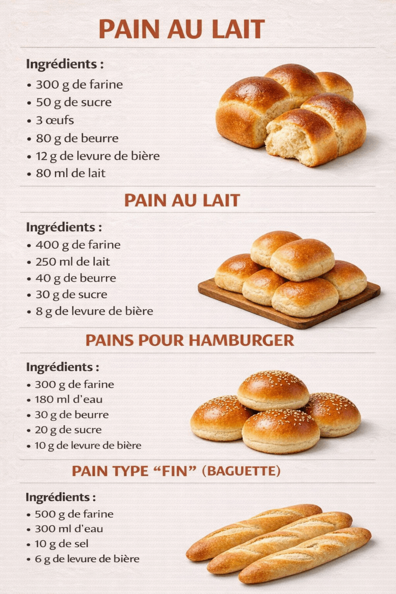 Recettes de pains maison : pain au lait, pains burger et baguette traditionnelle