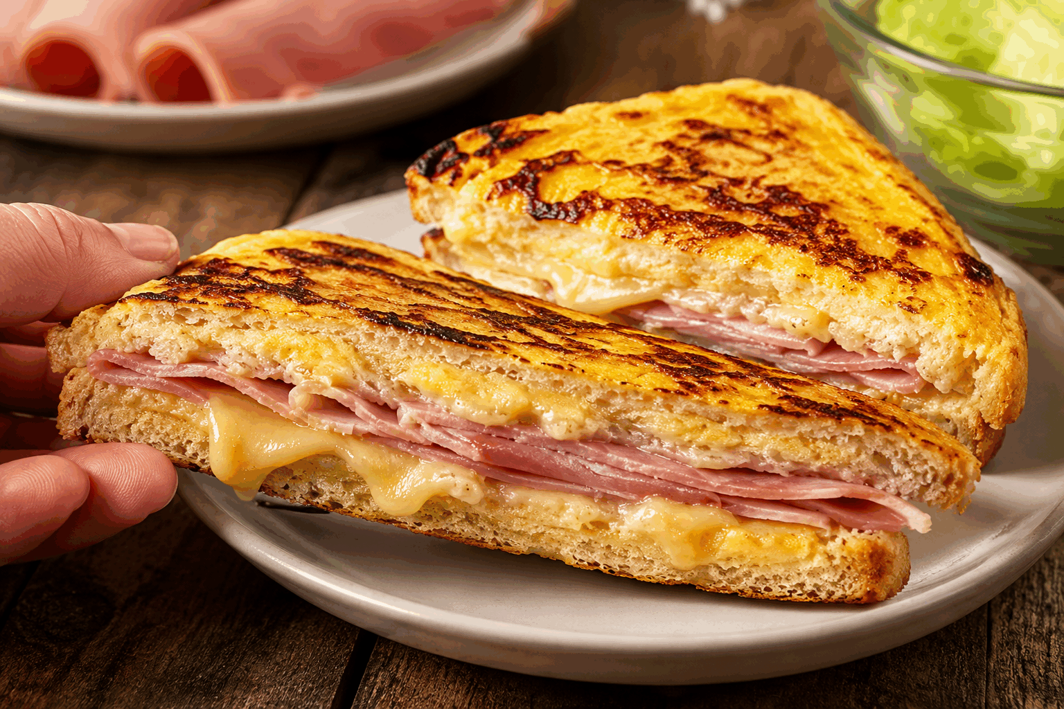 5 minutes chrono pour un croque-monsieur qui fond dans la bouche, vous allez l’adorer 👌🔥 Description Ce croque-monsieur ultra rapide est un classique revisité pour fondre littéralement en bouche grâce à une garniture généreuse de fromage fondant et de jambon de qualité. Parfait pour un déjeuner express ou un encas gourmand, il combine croustillant et moelleux en seulement quelques minutes. Informations Temps de préparation : 2 minutes Temps de cuisson : 3 minutes Nombre de portions : 1 croque-monsieur Difficulté : Facile Ingrédients Pour le croque-monsieur 2 tranches de pain de mie blanc 40 g de jambon blanc 50 g de fromage râpé (emmental ou comté) 10 g de beurre doux 1 cuillère à soupe de béchamel (facultatif) Sel fin Poivre noir du moulin Préparation Préchauffe une poêle à feu moyen. Beurre une face de chaque tranche de pain de mie. Retourne les tranches et étale une fine couche de béchamel sur l'une d’elles si tu souhaites un croque encore plus fondant. Dépose le jambon sur la tranche beurrée côté béchamel, puis parsème généreusement de fromage râpé. Recouvre avec la deuxième tranche, face beurrée vers l’extérieur. Place le croque dans la poêle et laisse cuire 2 minutes de chaque côté jusqu’à ce qu’il soit bien doré et que le fromage soit fondu. Retourne délicatement à mi-cuisson pour éviter qu'il ne brûle. Sers immédiatement pour savourer la texture fondante. Astuces Utilise du pain de mie légèrement rassis pour un meilleur croustillant. Pour un goût plus intense, remplace le jambon blanc par du jambon de Paris ou du jambon cru. Si tu n’as pas de béchamel, un peu de crème fraîche épaisse peut aussi faire l’affaire pour ajouter du moelleux. Pour faciliter la fonte du fromage, couvre la poêle avec un couvercle lors de la cuisson. Service Déguste ce croque-monsieur bien chaud accompagné d’une salade verte fraîche ou de quelques crudités croquantes. Idéal pour un repas rapide à la maison ou une pause gourmande entre amis.