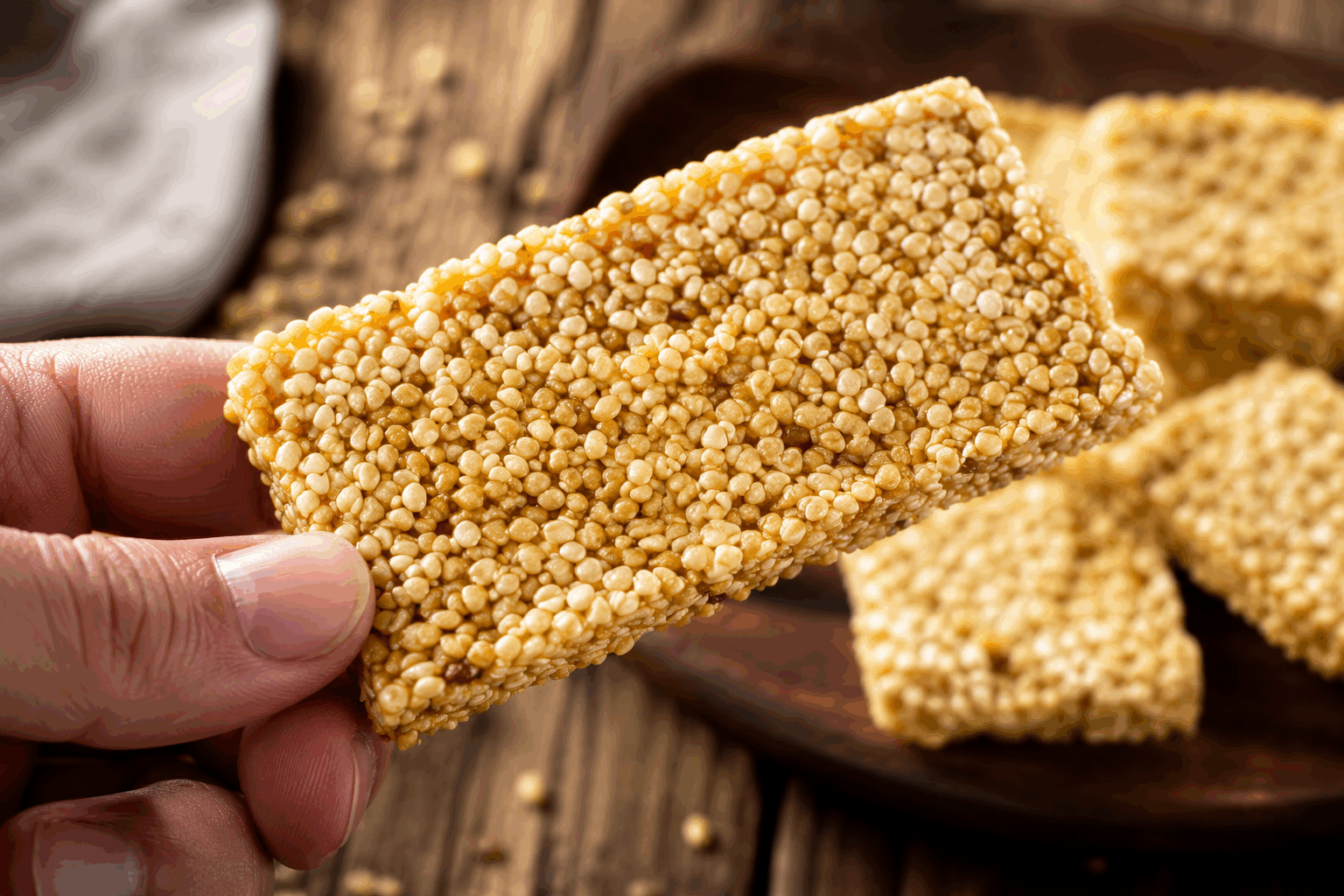 Barres croustillantes au sésame : 2 ingrédients, 10 min, sans four ✨ Description Ces barres croustillantes au sésame, délicatement sucrées et croquantes, sont le parfait en-cas fait maison. Originaires d'Asie, elles sont connues pour leur simplicité et leur rapidité de préparation, requérant uniquement deux ingrédients et aucun four ! Parfaites pour une pause goûter ou pour combler un petit creux à tout moment de la journée. Informations Temps de préparation : 10 minutes Temps de cuisson : 0 minute Nombre de portions : 8 barres Difficulté : Facile Ingrédients Pour les barres 200 g de graines de sésame 150 g de miel Préparation Fais chauffer le miel dans une casserole à feu doux jusqu'à ce qu'il soit bien liquide et légèrement frémissant. Ajoute les graines de sésame au miel et mélange bien de façon à les enrober uniformément. Verse le mélange sur une feuille de papier sulfurisé posée sur une surface plane. Étale le mélange avec une spatule pour obtenir une épaisseur d'environ un centimètre. Laisse refroidir le mélange. Une fois durci, découpe en barres de la taille souhaitée. Astuces Tu peux ajouter une pincée de sel pour accentuer le goût sucré des barres. Pour un goût encore plus prononcé, fais légèrement griller les graines de sésame avant de les mélanger avec le miel. Conserve les barres dans une boîte hermétique pour qu'elles restent croustillantes plus longtemps. Service Servez ces barres croustillantes au sésame à l'heure du goûter ou en tant que collation énergétique au travail ou à l'école. Agrémentez-les d'un thé vert pour une touche de fraîcheur asiatique. Elles sont également idéales pour garnir un plateau de douceurs pour vos invités.