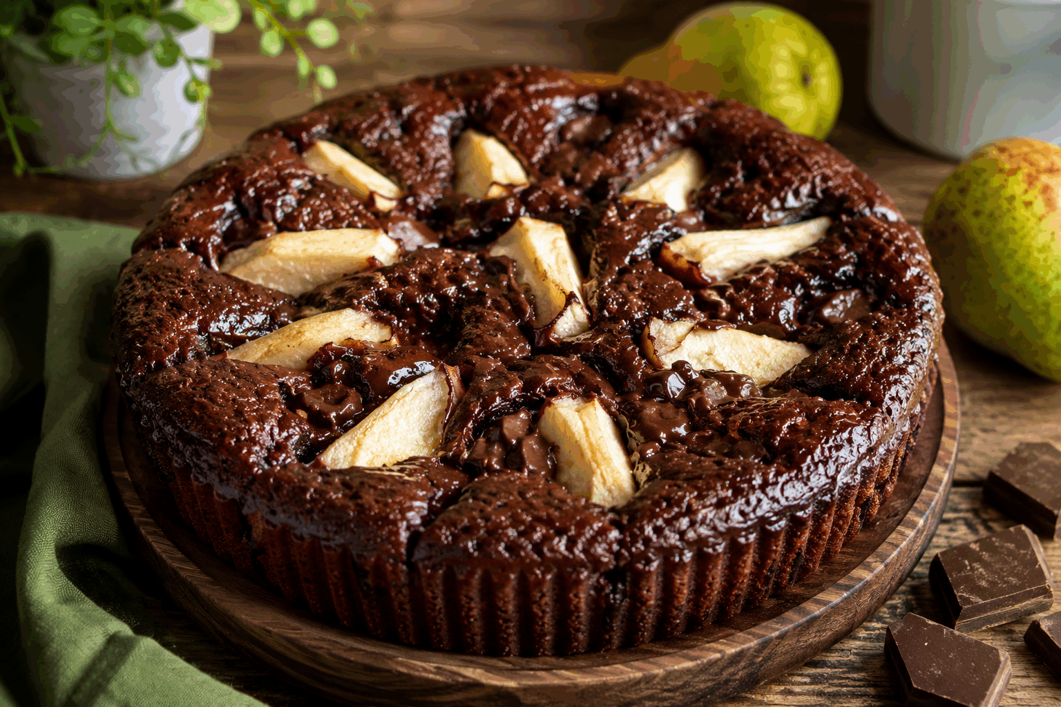 Ce gâteau poires-chocolat fond dans la bouche, secret de pâtissier ✨ Description Ce gâteau est un mariage exquis de poires juteuses et de chocolat fondant, enveloppé dans une pâte moelleuse. Parfait pour terminer un dîner en beauté ou pour accompagner une pause thé, il séduit par sa texture fondante et ses saveurs harmonieuses. Informations Temps de préparation : 30 minutes Temps de cuisson : 45 minutes Nombre de portions : 8 personnes Difficulté : Moyenne Ingrédients Pour le gâteau 200 g de chocolat noir 150 g de beurre 3 œufs 100 g de sucre 100 g de farine 1 sachet de levure chimique 1 pincée de sel Pour la garniture 3 poires mûres 1 cuillère à café de jus de citron Préparation Préchauffe le four à 180°C (thermostat 6). Fais fondre le chocolat avec le beurre au bain-marie ou à feu doux. Mélange jusqu'à obtenir une préparation lisse. Dans un bol, bats les œufs avec le sucre jusqu'à ce que le mélange blanchisse. Incorpore le mélange chocolat-beurre fondu. Ajoute la farine, la levure et une pincée de sel au mélange. Remue jusqu'à obtenir une pâte homogène. Pèle les poires, coupe-les en dés et arrose-les de jus de citron pour éviter qu’elles ne noircissent. Verse la moitié de la pâte dans un moule beurré et fariné. Répartis les dés de poires sur la pâte, puis couvre avec le reste de la pâte. Enfourne pendant 45 minutes. Vérifie la cuisson en plantant la lame d'un couteau : elle doit ressortir sèche. Laisse refroidir avant de démouler et servir. Astuces Utilise des poires bien mûres pour un goût plus sucré et juteux. Ajoute une poignée d'amandes effilées pour un croquant agréable. Pour un goût plus intense, opte pour un chocolat contenant au moins 70% de cacao. Service Servez ce gâteau tiède ou à température ambiante, accompagné d'une boule de glace à la vanille ou d'une crème anglaise. C'est également un dessert parfait pour les occasions spéciales, ajoutant une touche d'élégance à votre table.