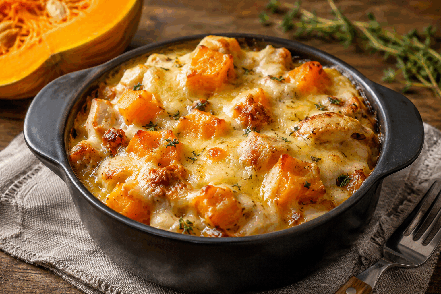 Gratin de butternut au fromage que ma grand-mère prépare depuis toujours, un vrai régal chaud et fondant 🔥 Description Ce gratin de butternut au fromage est une recette familiale chaleureuse, idéale pour les soirées d’automne et d’hiver. La douceur de la courge butternut se marie parfaitement avec un mélange de fromages fondants, offrant un plat réconfortant, doré et légèrement gratiné. Une spécialité simple qui apporte saveur et convivialité à table. Informations Temps de préparation : 20 minutes Temps de cuisson : 40 minutes Nombre de portions : 4 personnes Difficulté : Facile Ingrédients Pour le gratin 800 g de courge butternut 200 ml de crème fraîche entière 150 g de fromage râpé (emmental, comté ou gruyère) 50 g de parmesan râpé 1 gousse d’ail 30 g de beurre Sel Poivre du moulin Une pincée de noix de muscade râpée Préparation Préchauffe le four à 180°C (thermostat 6). Épluche la courge butternut, retire les graines, puis coupe-la en fines tranches régulières (environ 3-5 mm d’épaisseur) pour assurer une cuisson homogène. Frotte un plat à gratin avec la gousse d’ail coupée en deux, puis beurre-le délicatement pour éviter que le gratin n’attache. Dispose les tranches de butternut en couches régulières dans le plat, en les superposant légèrement. Dans un bol, mélange la crème fraîche avec le sel, le poivre et la noix de muscade. Verse ce mélange uniformément sur les tranches de butternut. Parseme généreusement de fromage râpé (emmental ou comté) puis termine par le parmesan pour une belle croûte gratinée. Couvre le plat avec une feuille d’aluminium et enfourne pour 30 minutes. Au bout de ce temps, retire la feuille d’aluminium et poursuis la cuisson encore 10 minutes pour faire dorer le dessus. Laisse reposer 5 minutes avant de servir, le gratin sera ainsi plus fondant et facile à découper. Astuces Pour un gratin encore plus parfumé, ajoute une touche de thym frais ou de romarin avant la cuisson. Utilise un mix de fromages pour un goût plus riche : combine comté, gruyère et un peu de mozzarella pour le moelleux. Si tu veux alléger la recette, tu peux remplacer la crème fraîche par un mélange de lait et de fromage blanc. Coupe la courge en tranches fines et régulières pour garantir une cuisson homogène et un résultat fondant. Service Sers ce gratin en accompagnement d’une viande rôtie, comme un poulet fermier, ou en plat principal végétarien avec une salade verte bien croquante. Idéal lors d’un dîner familial ou pour réchauffer les soirées fraîches, il se déguste chaud et se conserve parfaitement au réfrigérateur pour être réchauffé le lendemain.