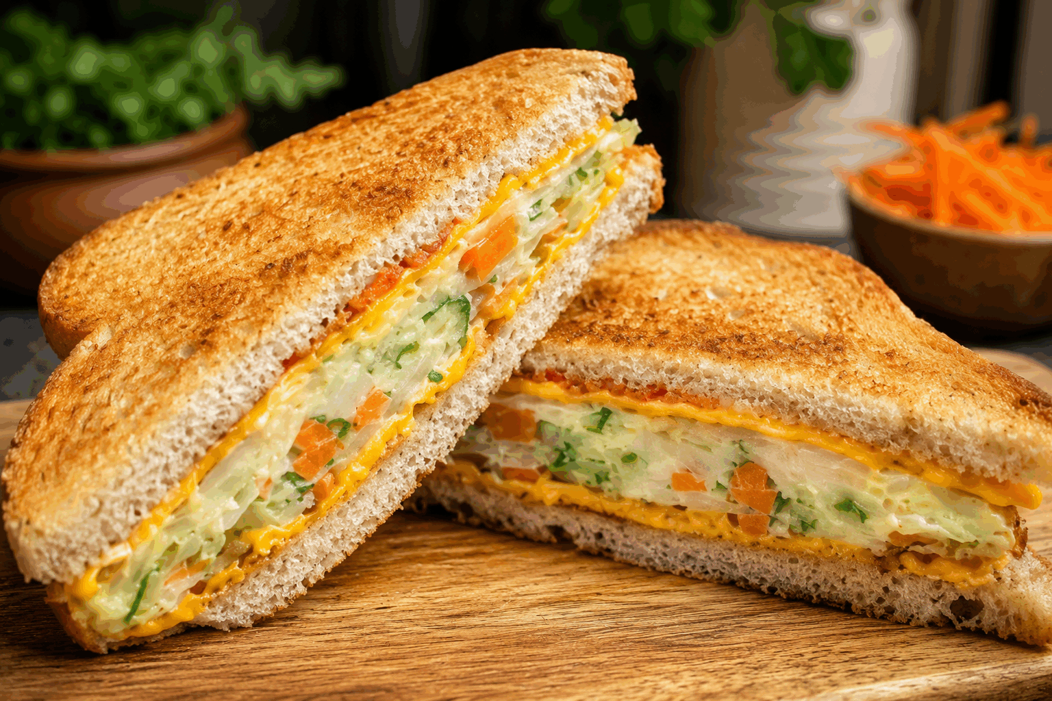 Ce sandwich surprenant en 5 minutes va changer vos déjeuners à jamais 🔥 Description Ce sandwich rapide et savoureux combine des saveurs audacieuses et des textures croquantes pour un déjeuner qui sort de l’ordinaire. Facile à préparer en seulement 5 minutes, il allie fraîcheur, gourmandise et un soupçon de piquant pour réveiller vos papilles. Parfait pour les pauses déjeuner pressées mais exigeantes. Informations Temps de préparation : 5 minutes Temps de cuisson : 0 minute Nombre de portions : 2 sandwiches Difficulté : Facile Ingrédients Pour la base 4 tranches de pain de campagne légèrement toastées 2 cuillères à soupe de mayonnaise 1 cuillère à soupe de moutarde douce Pour la garniture 100 g de blanc de poulet rôti en tranches fines 1 avocat mûr, tranché 50 g de fromage frais type chèvre ou ricotta 1 petite tomate, coupée en fines rondelles Quelques feuilles de roquette 1 cornichon finement émincé 1 cuillère à café de sauce pimentée (ex : sauce sriracha ou harissa douce) Pour l’assaisonnement Sel fin Poivre noir fraîchement moulu 1 cuillère à soupe d’huile d’olive extra vierge Préparation Toaste légèrement les tranches de pain pour qu’elles soient croustillantes mais encore souples. Mélange la mayonnaise avec la moutarde et étale ce mélange généreusement sur les deux faces intérieures du pain. Dispose le blanc de poulet sur deux tranches de pain en répartissant bien. Ajoute les tranches d’avocat puis le fromage frais en petites touches sur le dessus. Dépose les rondelles de tomate, les feuilles de roquette et les cornichons émincés. Arrose doucement d’huile d’olive, ajoute la sauce pimentée selon ton goût, puis sale et poivre légèrement. Referme les sandwiches avec les tranches de pain restantes et presse doucement. Coupe chaque sandwich en deux pour faciliter la dégustation. Astuces Pour un sandwich encore plus gourmand, remplace le blanc de poulet par un rôti de dinde ou du jambon fumé. Si vous n’aimez pas le piquant, omettez la sauce pimentée ou remplacez-la par un pesto doux. Utilisez un avocat bien mûr pour une texture onctueuse et évitez qu’il ne noircisse en ajoutant un filet de jus de citron dessus. Le pain de campagne grillé apporte du croquant ; vous pouvez aussi utiliser un pain ciabatta ou aux céréales. Service Servez ce sandwich accompagné d’une salade verte croquante ou de chips de légumes pour un déjeuner équilibré et complet. Idéal pour un repas sur le pouce, un pique-nique ou un déjeuner au bureau qui sort de l’ordinaire.