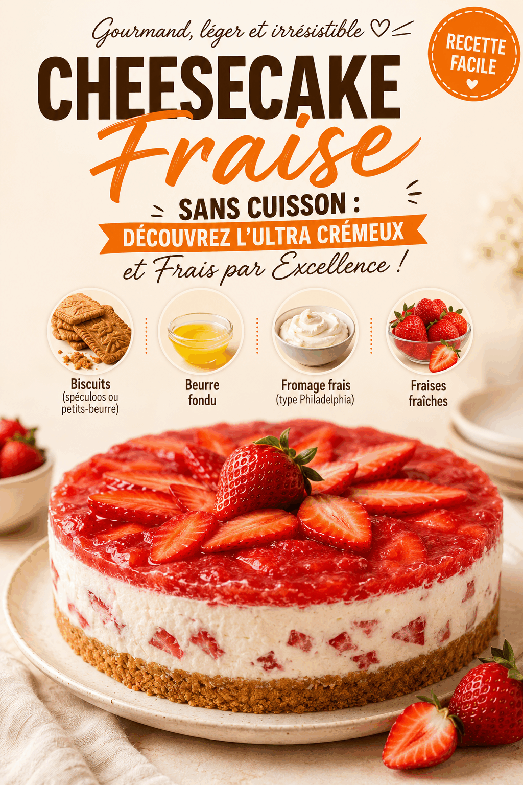 Cheesecake Fraise Sans Cuisson : Découvrez l&rsquo;Ultra Crémeux et Frais par Excellence !
