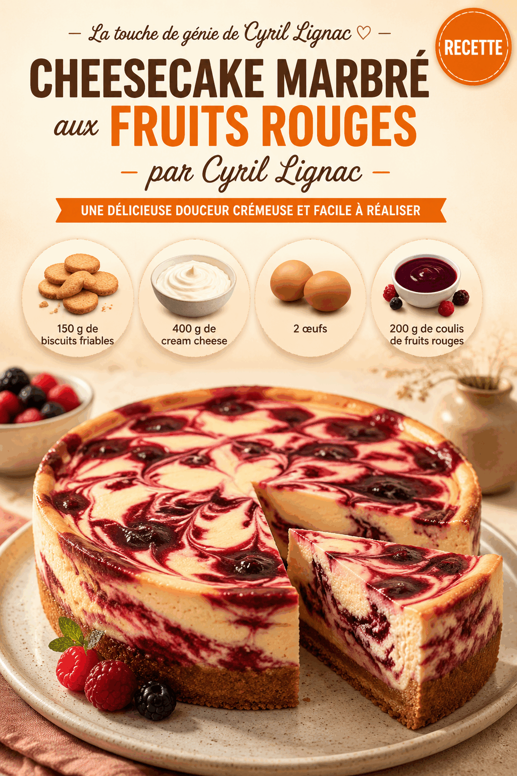 Cheesecake Marbré aux Fruits Rouges par Cyril Lignac : Une Délicieuse Douceur Crémeuse et Facile à Réaliser