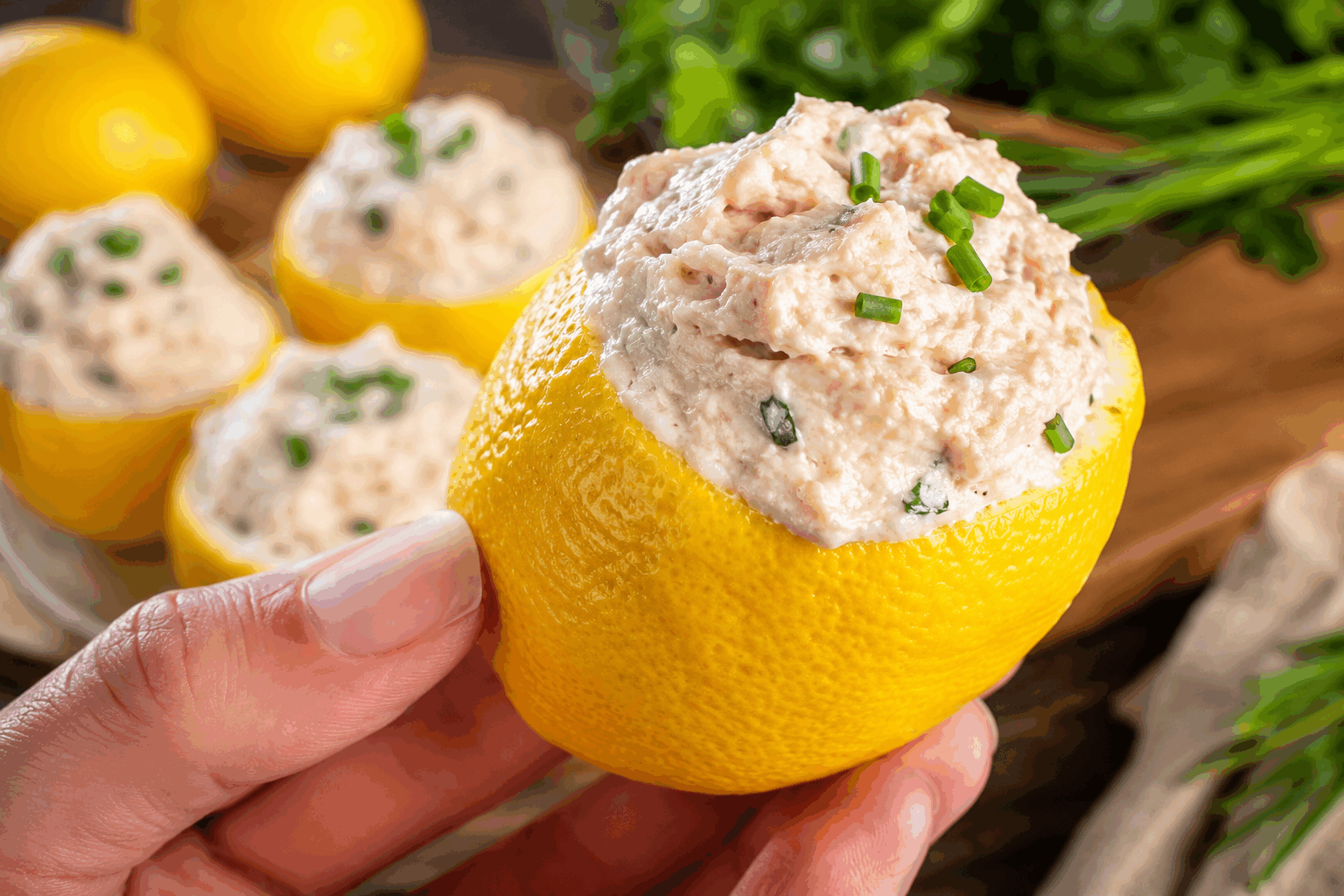 Citrons farcis à la crème de thon : 5 minutes pour une recette fraîcheur qui épate 😍 Description Cette recette rapide et fraîche met en valeur le citron en tant que contenant naturel pour une délicieuse crème de thon onctueuse et parfumée. Idéale en apéritif ou entrée légère, elle surprend par son équilibre subtil entre acidité et douceur, parfaite pour les beaux jours ou un buffet convivial. Informations Temps de préparation : 5 minutes Temps de cuisson : 0 minute Nombre de portions : 4 pièces Difficulté : Facile Ingrédients Pour les citrons farcis 4 citrons bio Pour la crème de thon 120 g de thon au naturel (égoutté) 60 g de fromage frais type Philadelphia ou saint-môret 1 cuillère à soupe de mayonnaise légère 1 cuillère à café de jus de citron (optionnel pour intensifier l’acidité) 1 petite échalote finement hachée 1 cuillère à café de câpres hachées (facultatif) Poivre noir du moulin Quelques brins de ciboulette fraîche Sel (selon goût) Préparation Lave soigneusement les citrons, puis coupe-les en deux dans le sens de la largeur. À l’aide d’une petite cuillère ou d’une cuillère parisienne, évide délicatement chaque demi-citron sans percer la peau pour créer une coque. Dans un bol, écrase le thon à la fourchette jusqu’à obtenir une texture grossièrement émiettée. Ajoute le fromage frais, la mayonnaise et le jus de citron. Mélange bien pour obtenir une crème homogène. Incorpore l’échalote hachée, les câpres si utilisées, puis poivre généreusement. Goûte et ajuste le sel si nécessaire. Coupe la ciboulette en fines rondelles et incorpore-la à la crème de thon pour une touche fraîche et colorée. Remplis délicatement chaque coque de citron avec la crème au thon à l’aide d’une petite cuillère. Place les citrons farcis au réfrigérateur pendant au moins 10 minutes avant de servir pour les rafraîchir et permettre aux saveurs de se mêler. Astuces Privilégie des citrons bio afin de pouvoir les utiliser en coque sans pesticides. Si tu n’as pas de fromage frais, remplace-le par du yaourt grec pour une version plus légère. Pour un goût plus relevé, ajoute une pincée de paprika fumé ou un peu de moutarde douce dans la crème. Conserve les citrons farcis au réfrigérateur dans une boîte hermétique et consomme-les dans les 24 heures pour une fraîcheur optimale. Service Dispose les demi-citrons farcis sur un plat ou une petite assiette, accompagne-les de quelques feuilles de salade verte ou de roquette fraîche. Cette recette est idéale en apéritif d’été, lors d’un repas léger ou pour un buffet festif où la fraîcheur et la simplicité seront très appréciées.