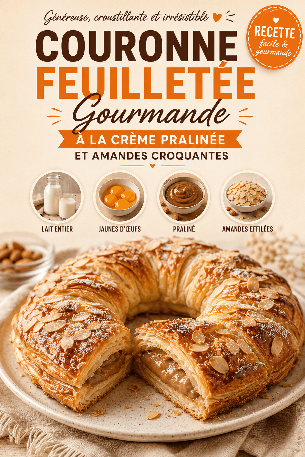 Couronne Feuilletée Gourmande à la Crème Pralinée et Amandes Croquantes