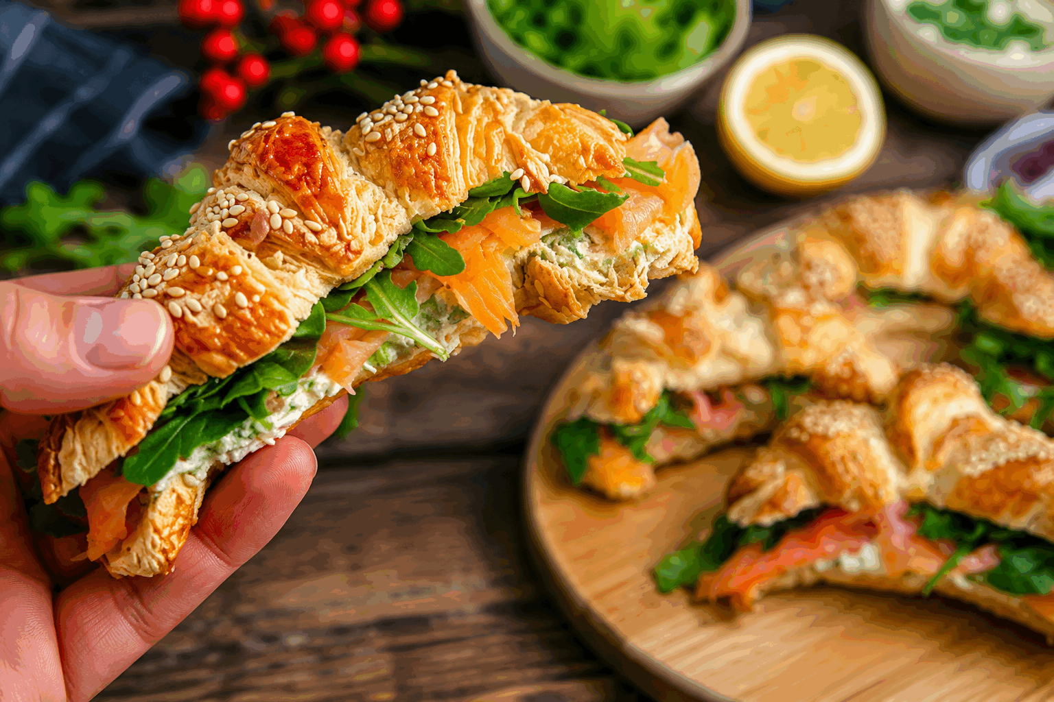 Croissants feuilletés au saumon : 10 minutes et l’apéro fait son effet ✨ Description Les croissants feuilletés au saumon sont des amuse-bouches savoureux et élégants, idéals pour un apéritif ou une réception. Combinant la délicatesse du saumon à la légèreté d'une pâte feuilletée bien croustillante, ces bouchées raffinées séduisent par leur goût subtil et leur texture aérienne. Un plaisir gourmand et chic, prêt en un rien de temps. Informations Temps de préparation : 10 minutes Temps de cuisson : 15 minutes Nombre de portions : 12 croissants Difficulté : Facile Ingrédients Pour les croissants 1 rouleau de pâte feuilletée 150 g de saumon fumé 100 g de fromage frais (type fromage à la crème) 1 jaune d'œuf 1 cuillère à soupe de graines de sésame Sel et poivre Préparation Préchauffez le four à 200°C. Déroulez la pâte feuilletée et coupez-la en 12 triangles égaux. Étalez une fine couche de fromage frais sur chaque triangle. Salez et poivrez légèrement. Disposez un morceau de saumon fumé sur la partie la plus large de chaque triangle. Roulez chaque triangle de la base vers la pointe pour former un croissant. Placez les croissants sur une plaque de cuisson recouverte de papier sulfurisé. Dorez les croissants avec le jaune d'œuf à l'aide d'un pinceau, puis saupoudrez de graines de sésame. Enfournez pendant 12 à 15 minutes jusqu'à ce que les croissants soient dorés. Astuces Pour des croissants encore plus gourmands, ajoutez quelques brins d'aneth sur le saumon avant de rouler. Remplacez le saumon fumé par de la truite fumée pour varier les saveurs. Ces croissants se congèlent très bien. Préparez-les à l'avance et congelez avant cuisson. Service Servez les croissants chauds ou tièdes, accompagnés d'une salade verte ou d'un plateau de crudités pour un apéritif léger. Ces petites merveilles feront sensation lors de vos réceptions ou soirées entre amis.