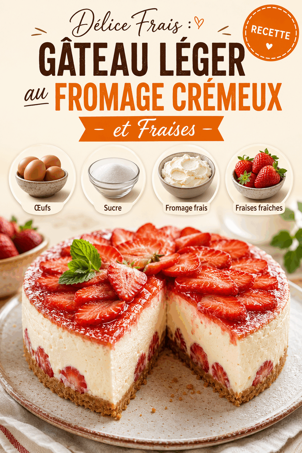 Délice Frais : Gâteau Léger au Fromage Crémeux et Fraises