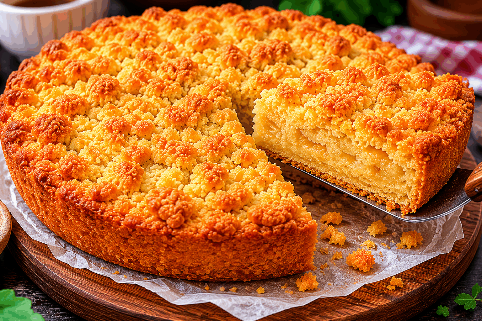 Fregolotta italienne : seulement 3 ingrédients, sans œufs, un délice du matin ou dessert 🔥 Description La Fregolotta est un gâteau traditionnel du Frioul, en Italie, célèbre pour sa texture sablée et croquante. Réalisée avec seulement trois ingrédients, sans œufs, cette douceur rustique est parfaite pour le petit-déjeuner ou en dessert accompagné d’un café. Sa simplicité et son goût gourmand en font un incontournable des plaisirs simples et authentiques. Informations Temps de préparation : 10 minutes Temps de cuisson : 30 minutes Nombre de portions : 6 à 8 parts Difficulté : Facile Ingrédients Pour la pâte 250 g de farine 150 g de sucre 150 g de beurre froid Préparation Préchauffe le four à 180 °C (thermostat 6). Coupe le beurre en petits cubes et mélange-le rapidement avec la farine et le sucre jusqu’à obtenir une texture sableuse, avec des morceaux irréguliers. Verse ce mélange dans un moule à gâteau beurré, en tassant légèrement sans lisser complètement pour garder la texture granuleuse. Enfourne pendant environ 30 minutes, jusqu’à ce que la surface soit bien dorée et croustillante. Laisse tiédir avant de démouler. La fregolotta se sert froide ou à température ambiante. Astuces Utilise un beurre très froid pour obtenir une texture sableuse idéale. Pense à ne pas trop travailler la pâte pour conserver le croustillant caractéristique. Conserve la fregolotta dans une boîte hermétique pour préserver son croquant plusieurs jours. Tu peux accompagner ce gâteau d’une compote de fruits ou d’un coulis pour varier les plaisirs. Service Présente la fregolotta en parts carrées ou rectangulaires, idéale au petit-déjeuner avec un café ou un thé. Elle peut aussi être servie en dessert simple, accompagnée d’un expresso ou d’un verre de vin doux italien comme le vin santo.