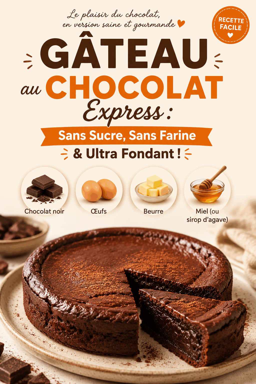 Gâteau au Chocolat Express : Sans Sucre, Sans Farine & Ultra Fondant !