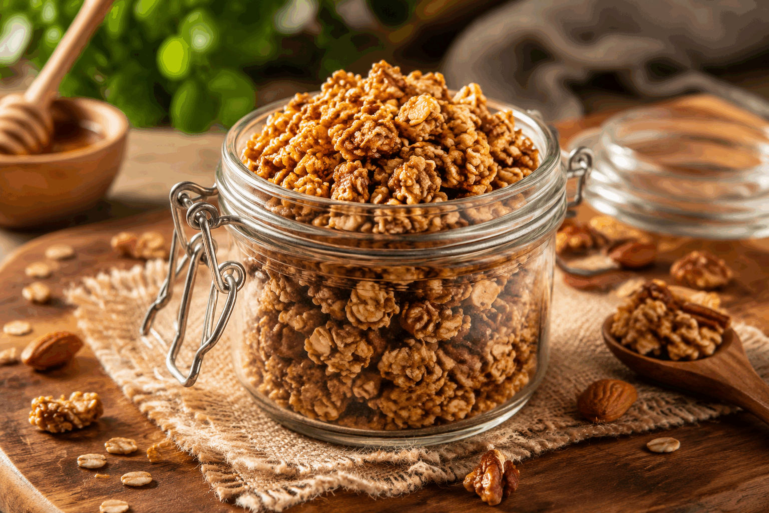 Granola maison sans sucre ni four, prêt en 5 minutes pour un goûter sain et délicieux 🔥 Description Ce granola maison est une collation saine et rapide à préparer, sans cuisson au four ni ajout de sucre. Il est croquant, naturellement sucré grâce aux fruits secs, et parfait pour un goûter équilibré. Idéal pour ceux qui recherchent une alternative saine et facile à faire pour booster leur énergie. Informations Temps de préparation : 5 minutes Temps de cuisson : 0 minutes Nombre de portions : 4 portions Difficulté : Facile Ingrédients Granola sans cuisson 100 g de flocons d'avoine 40 g d’amandes effilées 30 g de noix de cajou concassées 30 g de graines de tournesol 30 g de graines de courge 40 g de raisins secs 2 cuillères à soupe d’huile de coco fondue 1 cuillère à café d’extrait naturel de vanille 1 cuillère à café de cannelle en poudre 1 pincée de sel Préparation Mélange dans un grand bol les flocons d'avoine, les amandes, les noix de cajou, les graines de tournesol et de courge, ainsi que le sel et la cannelle. Dans un petit bol, mélange l’huile de coco fondue avec l’extrait de vanille. Verse le mélange liquide sur les ingrédients secs et remue bien pour enrober uniformément tous les éléments. Ajoute les raisins secs au dernier moment et mélange délicatement. Laisse reposer 2 à 3 minutes pour que les saveurs se mêlent, puis déguste immédiatement ou conserve dans un récipient hermétique. Astuces Utilise de l’huile de coco fondue tiède, mais pas chaude, pour bien enrober les ingrédients sans les brûler. Varie les fruits secs et oléagineux selon tes goûts ou ce que tu as dans tes placards. Pour un petit croustillant supplémentaire, fais revenir brièvement les graines et noix à la poêle sans matière grasse avant de les mélanger. Conserve le granola dans un récipient hermétique à température ambiante pour garder tout son croquant jusqu’à une semaine. Service Sers ce granola en collation seul, avec un yaourt nature ou une compote de fruits. Il accompagne parfaitement un smoothie ou peut être saupoudré sur une salade de fruits pour un goûter sain et gourmand.