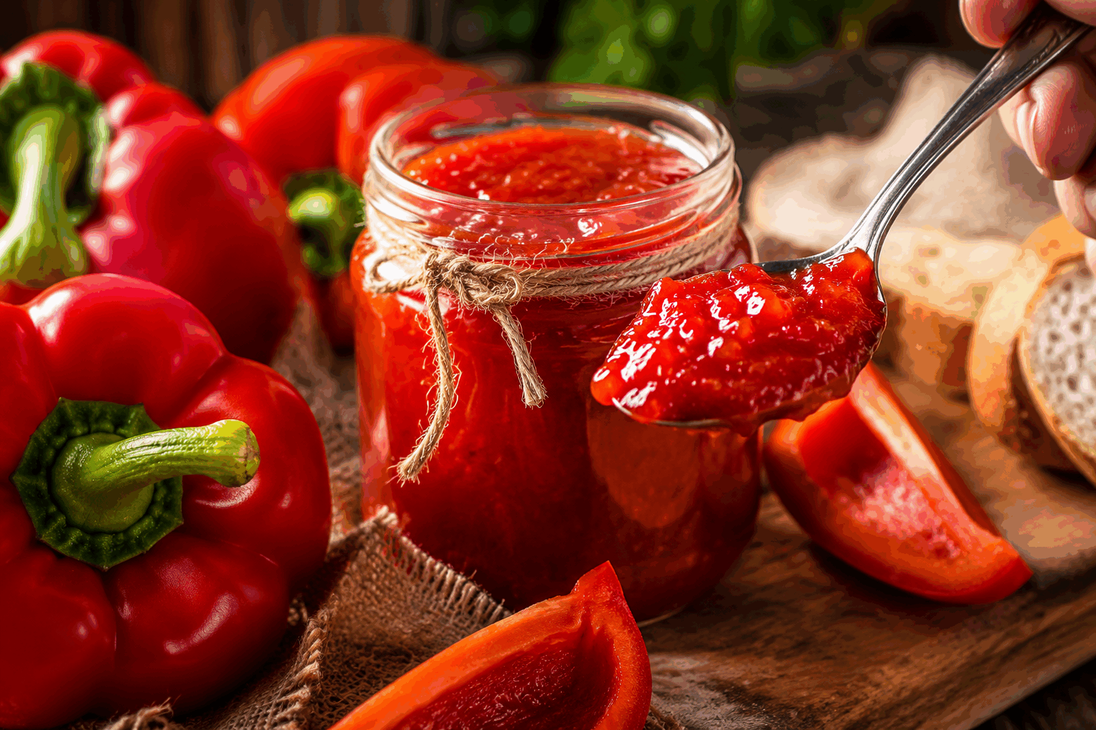 La confiture de poivrons maison en 5 minutes pour surprendre vos papilles 🔥 Description Cette confiture de poivrons, à la fois douce et relevée, se prépare en un temps record pour éveiller vos papilles. Sa texture onctueuse et sa saveur intense de poivrons rouges légèrement épicés en font un accompagnement idéal pour les apéritifs ou les plats sucrés-salés. Parfaite pour surprendre vos invités avec une touche maison et originale. Informations Temps de préparation : 5 minutes Temps de cuisson : 5 minutes Nombre de portions : 4 pots petits Difficulté : Facile Ingrédients Pour la confiture 500 g de poivrons rouges (environ 3 poivrons moyens) 200 g de sucre de canne 2 cuillères à soupe de vinaigre de cidre 1 pincée de piment d'Espelette (ou une petite pointe de piment en poudre) 1 cuillère à café de jus de citron 1 pincée de sel fin Préparation Lave les poivrons, épépine-les puis coupe-les en petits morceaux. Dans une casserole, verse les poivrons, le sucre, le vinaigre de cidre, le jus de citron, le sel et le piment d'Espelette. Fais chauffer à feu moyen en remuant régulièrement pour dissoudre le sucre; lorsque le mélange commence à bouillir, baisse légèrement le feu. Laisse cuire 5 minutes en remuant fréquemment pour obtenir une texture épaisse et homogène, les poivrons doivent devenir tendres. Mixez à l’aide d’un mixeur plongeant si tu souhaites une confiture plus lisse, ou laisse avec des morceaux pour plus de texture. Verse la confiture encore chaude dans des pots stérilisés, ferme-les hermétiquement puis retourne-les pour créer un vide d’air. Astuces Choisis des poivrons bien mûrs et rouges pour une saveur plus sucrée et une couleur intense. Pour une confiture plus piquante, augmente légèrement le piment, mais attention à ne pas masquer la douceur des poivrons. Conserve cette confiture au réfrigérateur une fois ouverte et consomme-la dans le mois. Tu peux varier les vinaigres, le vinaigre balsamique apporte une touche plus ronde et sucrée. Service Servez cette confiture de poivrons maison en accompagnement de fromages frais ou affinés, sur des toasts lors d’un apéritif, ou en garniture pour des viandes grillées. Elle apporte aussi une touche originale et gourmande à vos recettes méditerranéennes et à vos brunchs.