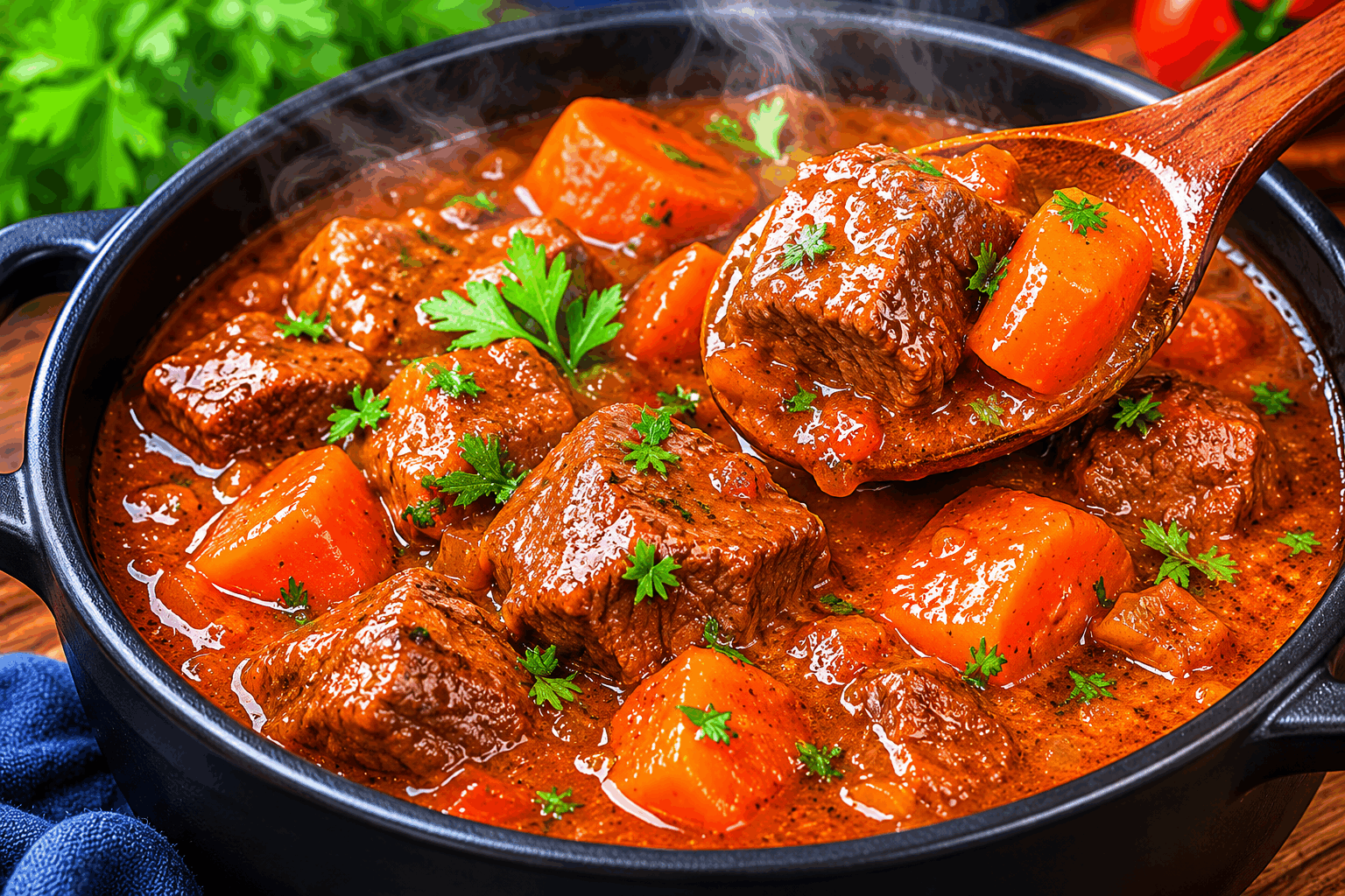 La recette de boeuf carottes de ma grand-mère, prête en moins d’une heure et à tomber 😍 Description Le bœuf carottes est un plat traditionnel français chaleureux et réconfortant. Il associe la tendreté du bœuf mijoté à la douceur des carottes fondantes, relevé d’un bouquet garni aromatique. Idéal pour un repas familial convivial, ce plat se prépare rapidement pour un résultat savoureux en moins d’une heure. Informations Temps de préparation : 15 minutes Temps de cuisson : 40 minutes Nombre de portions : 4 personnes Difficulté : Facile Ingrédients Pour le plat 600 g de viande de bœuf à braiser (paleron ou macreuse) 6 carottes moyennes 1 oignon 2 gousses d’ail 20 cl de bouillon de bœuf 10 cl de vin blanc sec (optionnel) 2 cuillères à soupe d’huile d’olive 1 bouquet garni (thym, laurier, persil) Sel et poivre du moulin Préparation Épluchez les carottes et coupez-les en rondelles épaisses. Pelez et émincez l’oignon. Écrasez les gousses d’ail. Coupez la viande de bœuf en gros cubes d’environ 4 cm. Faites chauffer l’huile d’olive dans une cocotte à feu moyen-vif. Faites-y dorer les morceaux de viande sur toutes les faces pendant 5 minutes pour obtenir une belle coloration. Retirez la viande et réservez. Dans la même cocotte, faites revenir l’oignon et l’ail jusqu’à ce qu’ils deviennent translucides. Remettez la viande dans la cocotte, ajoutez les carottes, le bouquet garni, le bouillon de bœuf et le vin blanc. Salez et poivrez à votre goût. Portez à ébullition puis couvrez, baissez le feu et laissez mijoter à feu doux pendant environ 40 minutes, jusqu’à ce que la viande soit tendre et les carottes fondantes. Goûtez et rectifiez l’assaisonnement avant de servir. Astuces Choisissez une viande à braiser qui devient fondante après cuisson lente, comme le paleron. Si vous manquez de temps, coupez les carottes plus petites pour accélérer la cuisson. Utilisez un vin blanc sec de bonne qualité pour parfumer le plat sans masquer les saveurs. Pour une sauce plus onctueuse, vous pouvez lier le jus de cuisson avec un peu de farine ou de maïzena en fin de cuisson. Service Servez le bœuf carottes bien chaud, accompagné de pommes de terre vapeur, d’un écrasé de pommes de terre ou de riz blanc. Ce plat traditionnel est parfait pour un dîner en famille ou un repas simple et réconfortant en semaine.