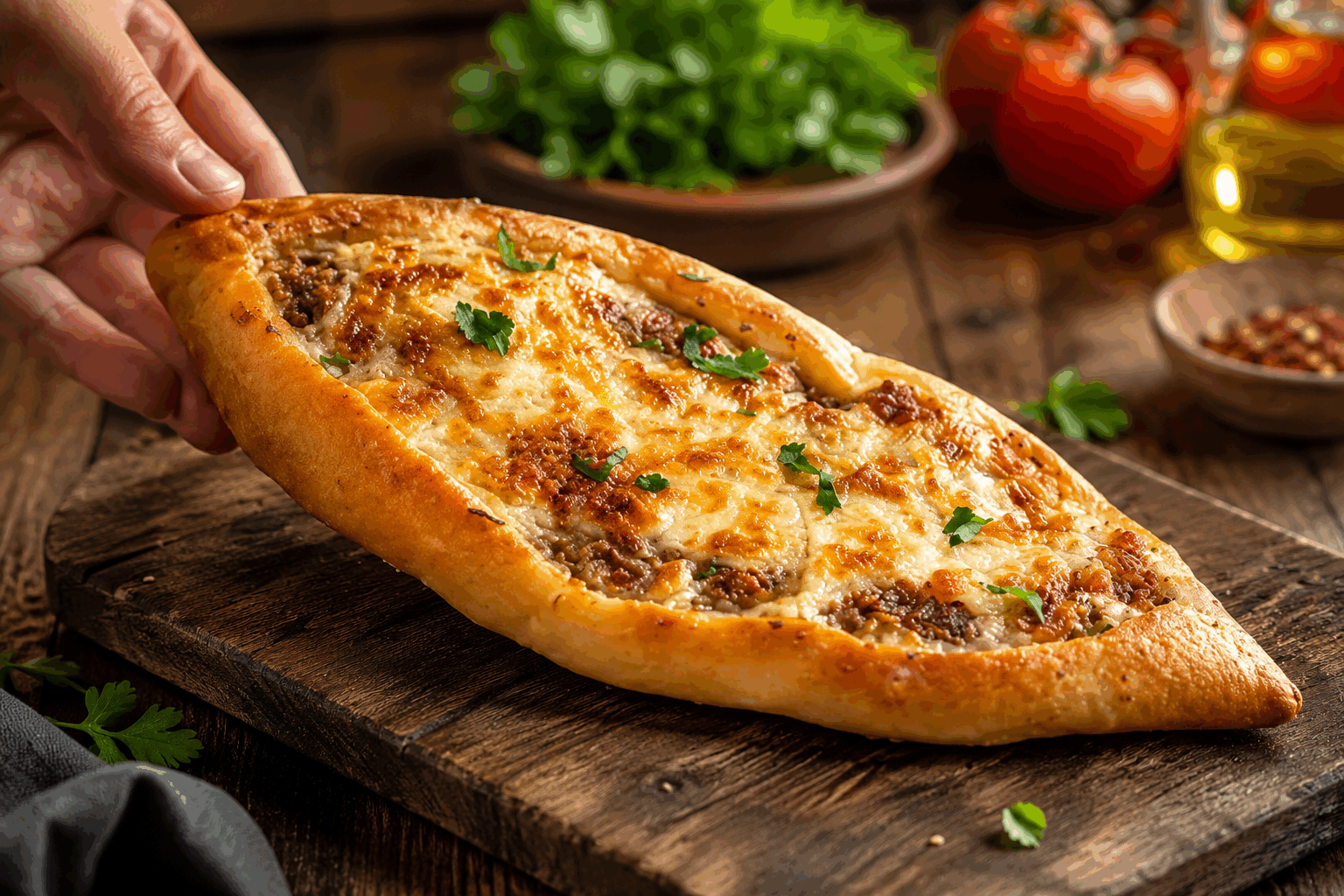 La vraie recette du pide turc maison moelleux et gratiné comme au resto 😍 Description Le pide turc est une sorte de pain plat allongé, garni d’une préparation savoureuse et gratiné au four. Ce plat traditionnel anatolien est apprécié pour sa pâte moelleuse à l’intérieur et légèrement croustillante à l’extérieur, ainsi que pour sa garniture riche en saveurs. Idéal pour un repas convivial à partager, il rappelle parfaitement la texture et le goût des pide servis dans les restaurants turcs. Informations Temps de préparation : 30 minutes Temps de cuisson : 15 minutes Nombre de portions : 4 pièces Difficulté : Moyenne Ingrédients Pour la pâte 300 g de farine de blé T55 180 ml d’eau tiède 7 g de levure sèche de boulanger 1 cuillère à soupe d’huile d’olive 1 cuillère à café de sucre 1 cuillère à café de sel Pour la garniture traditionnelle à la viande 200 g de viande hachée (agneau ou boeuf) 1 petit oignon finement haché 1 tomate moyenne pelée et coupée en petits dés 1 poivron vert doux coupé en petits dés 1 cuillère à soupe de concentré de tomate 2 cuillères à soupe de persil frais haché Sel et poivre noir du moulin 1 cuillère à soupe d’huile d’olive Pour la finition 1 œuf battu pour la dorure 100 g de fromage kaşar râpé (ou mozzarella) Préparation Délaye la levure et le sucre dans l’eau tiède, laisse reposer 10 minutes jusqu’à ce que le mélange mousse. Mélange la farine et le sel dans un grand saladier, forme un puits et verse-y le mélange de levure ainsi que l’huile d’olive. Pétris la pâte à la main ou au robot pendant 8 à 10 minutes jusqu’à obtenir une pâte souple et légèrement collante. Couvre la pâte d’un linge propre et laisse-la lever dans un endroit tiède pendant 1 heure, jusqu’à ce qu’elle double de volume. Dans une poêle, fais revenir l’oignon dans l’huile d’olive à feu moyen, puis ajoute la viande hachée. Fais cuire en émiettant la viande. Ajoute le poivron, la tomate, le concentré de tomate, le sel, le poivre et laisse mijoter 5 minutes en remuant. Hors du feu, incorpore le persil haché. Préchauffe le four à 220°C en chaleur statique (ou 200°C chaleur tournante). Dégaze la pâte, divise-la en 4 boules égales. Étale chaque boule en forme ovale d’environ 25 cm de long. Répartis la garniture au centre en laissant une marge d’environ 2-3 cm sur les côtés. Saupoudre de fromage râpé. Replie les bords vers le centre sans fermer complètement, donne la forme caractéristique de bateau. Bats l’œuf et badigeonne les bords de la pâte pour obtenir une belle dorure. Enfourne les pide 12 à 15 minutes jusqu’à ce que la pâte soit bien gonflée, dorée et que le fromage soit gratiné. Astuces Utilise de l’eau tiède, jamais chaude, pour activer la levure sans la tuer. Pour une pâte encore plus moelleuse, ajoute une cuillère à soupe de yaourt nature dans la pâte. Ne surcharge pas la garniture pour éviter que la pâte ne ramollisse trop pendant la cuisson. Tu peux varier la garniture avec du fromage seul, des épinards ou du poulet épicé pour plus de variété. Service Sers le pide bien chaud, accompagné de salade fraîche ou de yogourt nature pour équilibrer les saveurs. Ce plat est idéal pour un dîner décontracté entre amis ou en famille, à partager directement avec les mains pour une expérience authentique.