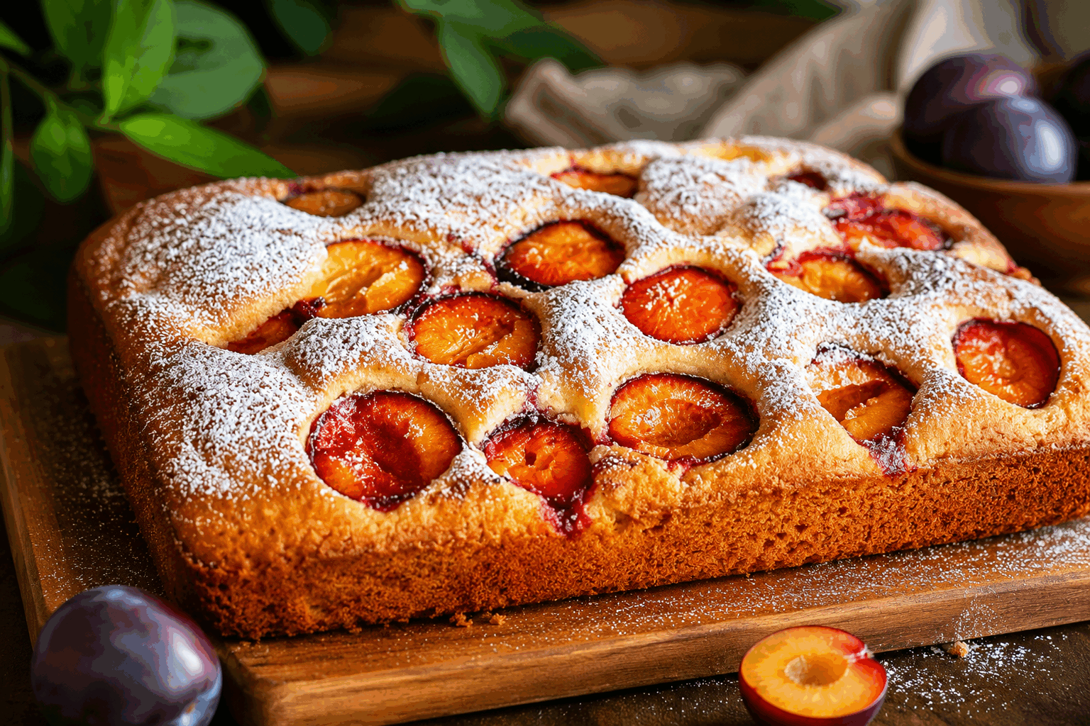 Le gâteau aux prunes fondant prêt en 10 minutes, la recette que vous allez adorer 😍 Description Ce gâteau aux prunes est un dessert moelleux et fondant, parfait pour profiter de fruits de saison. Rapide à préparer, il combine la douceur des prunes juteuses avec une pâte légère qui fond en bouche. Idéal pour une pause gourmande ou un goûter improvisé. Informations Temps de préparation : 10 minutes Temps de cuisson : 30 minutes Nombre de portions : 6 personnes Difficulté : Facile Ingrédients Pour le gâteau 150 g de farine 100 g de sucre en poudre 3 œufs 100 ml d’huile végétale neutre (tournesol ou colza) 100 ml de lait 1 sachet de levure chimique (environ 11 g) 1 pincée de sel 1 cuillère à café d’extrait de vanille (facultatif) Pour la garniture 500 g de prunes (de préférence bien mûres) 1 sachet de sucre vanillé (ou 1 cuillère à soupe de sucre) Préparation Préchauffe le four à 180°C (chaleur statique ou 160°C en chaleur tournante). Lave les prunes, dénoyaute-les et coupe-les en quartiers. Dans un saladier, bats les œufs avec le sucre en poudre et le sucre vanillé jusqu’à ce que le mélange blanchisse et devienne mousseux. Ajoute l’huile, puis le lait et l’extrait de vanille, mélange bien. Incorpore la farine tamisée avec la levure et la pincée de sel, mélange délicatement jusqu’à obtenir une pâte lisse et homogène. Verse la pâte dans un moule préalablement beurré ou chemisé de papier cuisson. Répartis les quartiers de prunes sur la pâte en les enfonçant légèrement. Enfourne pour 30 minutes. Vérifie la cuisson avec la pointe d’un couteau : elle doit ressortir sèche. Laisse tiédir avant de démouler pour que le gâteau reste bien fondant. Astuces Choisis des prunes bien mûres pour une saveur sucrée naturelle et une texture fondante. Si tu souhaites un gâteau encore plus fondant, remplace la moitié de la farine par de la poudre d’amandes. Pour un goût plus intense, ajoute un peu de cannelle ou de gingembre en poudre dans la pâte. Ce gâteau se conserve 2 jours bien emballé à température ambiante, et peut aussi se réchauffer légèrement au micro-ondes avant dégustation. Service Sers ce gâteau aux prunes tiède ou froid, accompagné d’une boule de glace vanille ou d’une cuillère de crème fraîche épaisse. Il est parfait pour un dessert de fin de repas ou un goûter gourmand en famille ou entre amis.