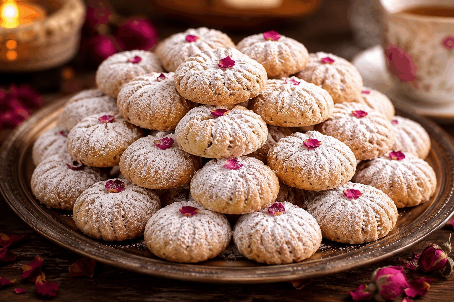 Les biscuits les plus fondants d’Aïd en 5 minutes, vous allez les adopter ! 🌙👌 Description Ces biscuits sont de petits délices fondants, typiquement préparés pour célébrer l’Aïd. Leur texture légère et leur douceur subtile font de ces douceurs un accompagnement parfait pour le thé ou le café. Faciles et rapides à réaliser, ils sauront conquérir petits et grands en un rien de temps. Informations Temps de préparation : 5 minutes Temps de cuisson : 12 minutes Nombre de portions : 20 pièces Difficulté : Facile Ingrédients Pour la pâte 200 g de farine de blé 100 g de beurre doux, ramolli 80 g de sucre glace 50 g de poudre d'amandes 1/2 cuillère à café de levure chimique 1 pincée de sel 2 cuillères à soupe d’huile neutre (tournesol ou pépins de raisin) 1 cuillère à café d’extrait de vanille Pour la finition Sucre glace pour saupoudrer Préparation Préchauffe le four à 180°C (thermostat 6). Dans un grand saladier, travaille le beurre ramolli avec le sucre glace jusqu’à obtenir une crème lisse et homogène. Ajoute l’huile neutre et l’extrait de vanille, mélange bien. Incorpore délicatement la farine tamisée avec la levure chimique, le sel et la poudre d’amandes. Mélange jusqu’à former une pâte souple et non collante. Si besoin, ajoute une cuillère à soupe de farine supplémentaire. Forme des petites boules de pâte de la taille d’une noix et dispose-les sur une plaque recouverte de papier cuisson en les espaçant légèrement. Aplatis légèrement chaque boule avec la paume de la main ou le dos d’une fourchette. Enfourne pour 10 à 12 minutes, jusqu’à ce que les biscuits soient à peine dorés sur les bords. À la sortie du four, laisse refroidir quelques minutes, puis saupoudre généreusement de sucre glace avant de les déguster. Astuces Utilise du beurre à température ambiante pour une pâte plus facile à travailler. Ne travaille pas trop la pâte après ajout de la farine pour conserver un biscuit fondant. Tu peux remplacer la poudre d’amandes par de la noix de coco râpée pour une variante exotique. Conserve les biscuits dans une boîte hermétique pour préserver leur fondant plusieurs jours. Service Sers ces biscuits fondants avec un thé à la menthe fraîche ou un café pour un moment convivial lors des célébrations de l’Aïd. Présente-les dans un joli plat décoré de pétales de fleurs comestibles ou dans des caissettes en papier pour une touche élégante et festive.