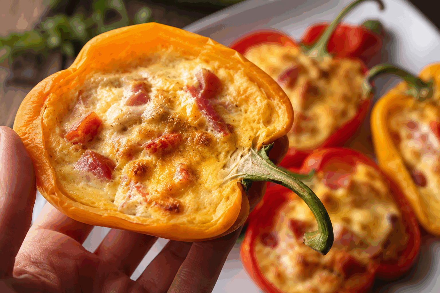 Poivrons farcis à l’omelette : 5 minutes pour un plat d’été léger et savoureux 🔥 Description Les poivrons farcis à l'omelette sont une recette fraîche et rapide, idéale pour les chaudes journées d'été. Ce plat associe la douceur légèrement sucrée des poivrons à une omelette parfumée et moelleuse, offrant un équilibre savoureux et coloré. Facile à préparer, il convient parfaitement pour un déjeuner léger ou un dîner estival en toute simplicité. Informations Temps de préparation : 3 minutes Temps de cuisson : 5 minutes Nombre de portions : 2 personnes Difficulté : Facile Ingrédients Pour les poivrons 2 poivrons moyens (rouge ou jaune de préférence) 1 cuillère à soupe d’huile d’olive Sel et poivre du moulin Pour l’omelette 4 œufs 2 cuillères à soupe de lait 1 petite échalote finement hachée 1 cuillère à soupe de ciboulette ciselée 60 g de fromage râpé (gruyère ou comté) Sel et poivre du moulin 1 cuillère à café d’huile d’olive (pour la cuisson) Préparation Préchauffe une poêle à feu moyen et ajoute l’huile d’olive. Coupe les poivrons en deux dans la longueur, enlève les graines et les membranes blanches, puis fais-les revenir côté peau dans la poêle environ 2 minutes pour les attendrir légèrement et les dorer. Sale et poivre, puis réserve sur une assiette. Dans un bol, bats les œufs avec le lait, le sel, le poivre, l’échalote hachée et la ciboulette. Ajoute le fromage râpé et mélange bien. Verse une cuillère d’huile d’olive dans la poêle propre, verse le mélange d’œufs et laisse cuire l’omelette à feu moyen-doux sans remuer pendant 2 à 3 minutes jusqu’à ce qu’elle soit légèrement baveuse mais cuite. Dépose délicatement les omelettes dans chaque moitié de poivron et referme-les légèrement si possible, ou dispose les poivrons debout sur une assiette. Serre immédiatement, accompagné d’une salade verte fraîche ou d’une tranche de pain complet. Astuces Pour donner encore plus de saveurs, ajoute un filet de sauce pesto ou un peu de tomate concassée dans l’omelette avant la cuisson. Préfère des poivrons fermes et bien colorés pour un rendu plus goûteux et une jolie présentation. Utilise une poêle antiadhésive pour éviter que l’omelette ne colle, et ainsi conserver une texture moelleuse. Tu peux varier les herbes fraîches selon ce que tu as sous la main : basilic, persil ou estragon fonctionnent très bien. Service Sers les poivrons farcis à l’omelette chauds ou tièdes, accompagnés d’une salade verte croquante ou d’un taboulé léger. Ce plat est parfait pour un déjeuner en terrasse ou un dîner rapide et équilibré. Il s’harmonise très bien avec un verre de vin rosé frais pour prolonger la sensation estivale.