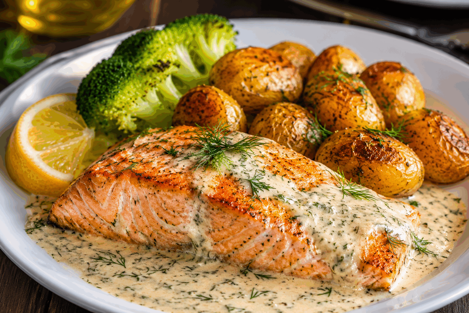 Saumon crème citron & aneth en 5 minutes : la recette fraîche qui séduit tous les gourmands 😍 Description Cette recette rapide et savoureuse met en valeur la délicatesse du saumon grâce à une sauce onctueuse à base de crème, citron et aneth. Elle évoque la fraîcheur estivale et convient parfaitement pour un repas léger, frais et plein de goût. Idéale pour les soirs pressés ou les déjeuners gourmands, cette préparation allie simplicité et raffinement en seulement 5 minutes. Informations Temps de préparation : 3 minutes Temps de cuisson : 2 minutes Nombre de portions : 2 personnes Difficulté : Facile Ingrédients Pour le saumon 2 pavés de saumon frais (environ 150 g chacun) 1 cuillère à soupe d’huile d’olive Sel et poivre du moulin Pour la sauce crème citron & aneth 100 ml de crème fraîche liquide entière 1 citron jaune (jus et zestes) 1 cuillère à soupe d’aneth frais ciselé Sel et poivre du moulin Préparation Préchauffe une poêle à feu moyen avec l’huile d’olive. Assaisonne les pavés de saumon avec du sel et du poivre, puis fais-les cuire 1 minute 30 sur chaque face. Ils doivent être dorés à l’extérieur et encore tendres à l’intérieur. Pendant la cuisson du saumon, prépare la sauce en mélangeant dans un bol la crème fraîche, le jus et les zestes de citron, puis l’aneth ciselé. Sale et poivre selon ton goût. Retire le saumon de la poêle et dépose-le sur une assiette. Nappe chaque pavé de saumon avec la sauce crème citron & aneth. Serre immédiatement avec l’accompagnement de ton choix. Astuces Pour une texture encore plus onctueuse, ajoute une cuillère de crème fraîche épaisse à ta sauce. Utilise de l’aneth frais pour une saveur plus intense, mais si tu n’en as pas, de l’aneth séché fera l’affaire en réduisant un peu la quantité. Ne pas trop cuire le saumon pour éviter qu’il devienne sec : il doit rester moelleux à l’intérieur. Cette sauce peut aussi accompagner des filets de truite ou du poisson blanc. Service Serre ce saumon nappé de crème citron & aneth avec un riz basmati parfumé, des pommes de terre vapeur ou une salade croquante. Parfait pour un dîner léger en semaine ou un déjeuner frais entre amis, ce plat apporte une touche de fraîcheur et d’élégance en un temps record.
