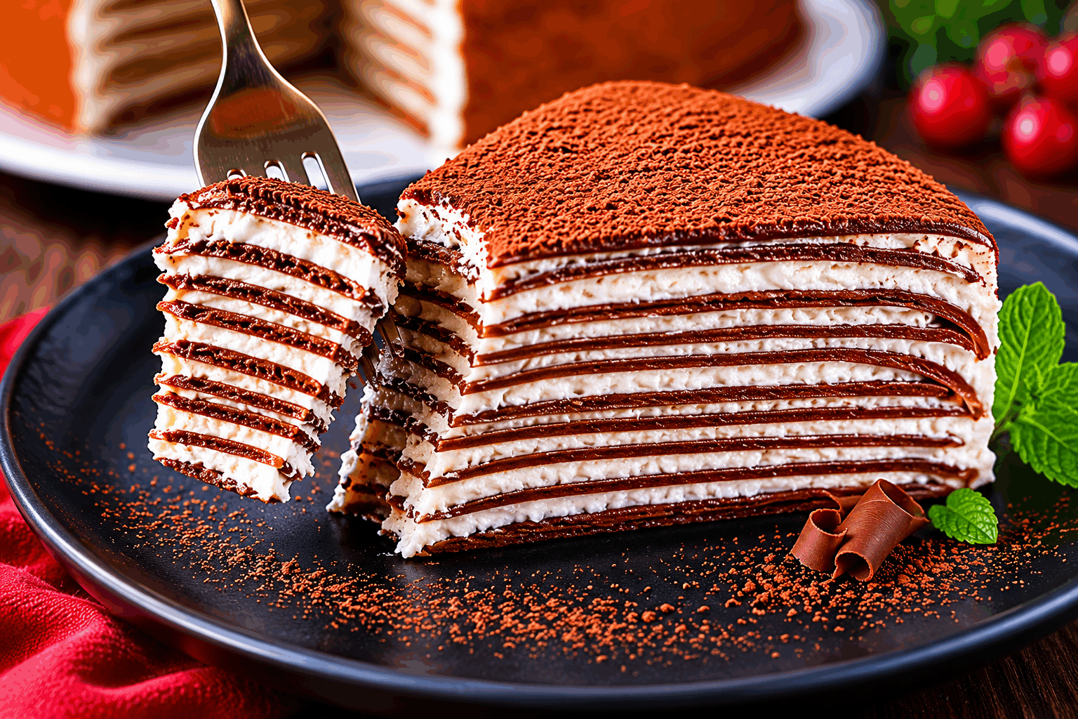 Tort cu frișcă și foi fine de cacao: se topește în gură ca în copilărie ✨