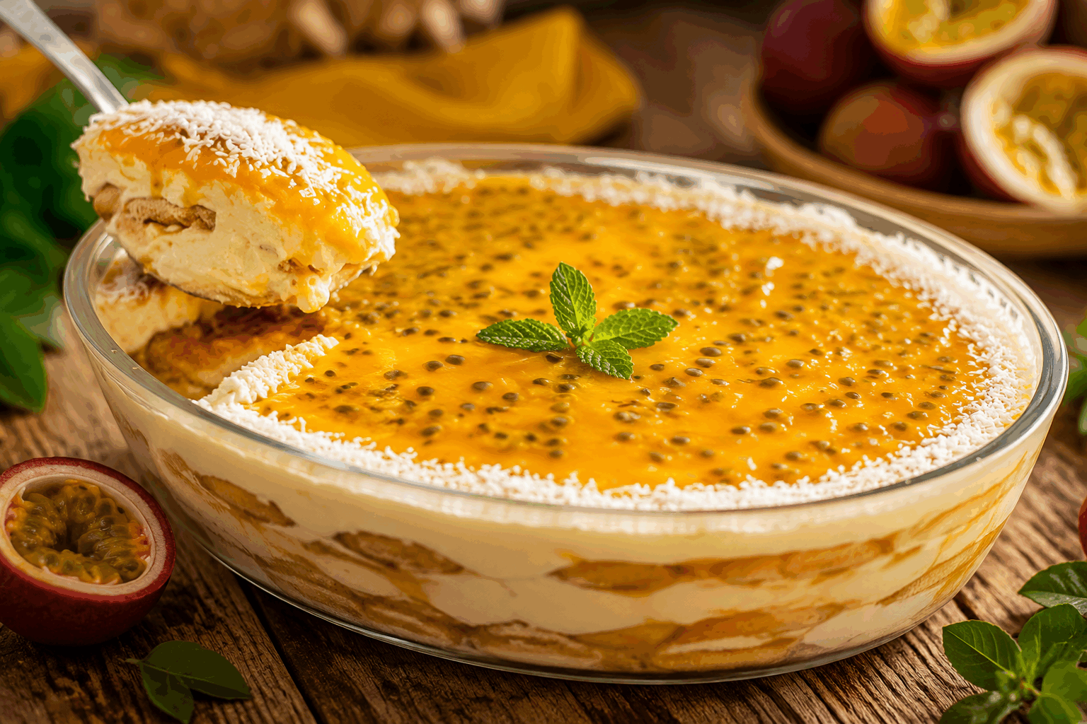 Un tiramisu mangue passion sans œufs en 5 minutes, la douceur parfaite 😍 Description Ce tiramisu revisité est une version légère et fruitée du classique italien, sans œufs ni cuisson. La douceur de la mangue associée à la fraîcheur acidulée du fruit de la passion apporte une explosion de saveurs exotiques, idéale pour un dessert rapide et rafraîchissant. Parfait pour une pause gourmande en toute simplicité ou pour impressionner vos invités en un temps record. Informations Temps de préparation : 5 minutes Temps de cuisson : 0 minute Nombre de portions : 4 portions Difficulté : Facile Ingrédients Pour la crème mascarpone exotique 250 g de mascarpone 150 g de fromage blanc ou yaourt grec nature 50 g de sucre en poudre 1 mangue mûre (environ 200 g de chair) 2 fruits de la passion 1 cuillère à soupe de jus de citron Pour le montage 100 g de biscuits à la cuillère ou boudoirs 100 ml de jus de fruit de la passion (ou un mélange de jus d’orange et passion) Préparation Réserve 3 à 4 cuillères à soupe de mangue coupée en petits dés pour la décoration. Mixe la chair restante de la mangue avec la pulpe des fruits de la passion et le jus de citron jusqu’à obtenir une purée lisse. Dans un saladier, fouette le mascarpone avec le fromage blanc et le sucre jusqu’à ce que la préparation soit homogène. Incorpore la purée de mangue passion à la crème mascarpone et mélange délicatement. Trempe rapidement les biscuits à la cuillère dans le jus de fruit de la passion pour les imbiber sans les détremper. Répartis une couche de biscuits imbibés au fond de verrines ou d’un plat individuel. Recouvre avec une couche généreuse de crème mascarpone mangue passion. Répète l’opération si la hauteur le permet, en terminant par la crème. Décore avec les dés de mangue réservés et un peu de pulpe de fruit de la passion. Place au réfrigérateur pendant au moins 1 heure avant de servir pour que les saveurs se mêlent bien — mais il peut se déguster immédiatement si le temps presse. Astuces Pour un dessert plus léger, remplace le mascarpone par du fromage blanc à 20% de matière grasse. Si vous n’avez pas de fruits de la passion frais, utilisez un coulis ou un jus 100% pur fruit pour plus de praticité. Ne trempez pas trop longtemps les biscuits au risque de les rendre pâteux, une seconde suffit. Pour une version encore plus fraîche, ajoutez quelques feuilles de menthe fraîche au moment de servir. Service Servez ce tiramisu mangue passion bien frais dans des verrines transparentes pour mettre en valeur les couleurs vives. Il accompagne parfaitement une table d’été, un brunch ou un repas léger. Vous pouvez l’agrémenter d’une petite tuile croustillante ou d’un coulis de fruit supplémentaire pour une touche élégante.