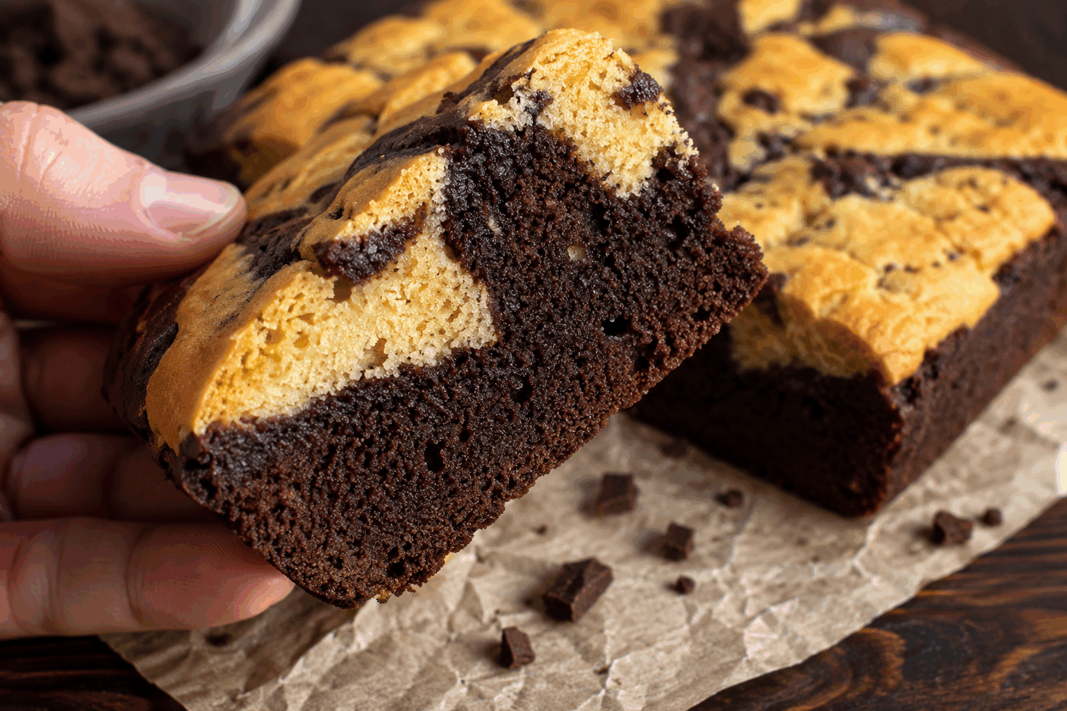 5 ingrédients, 30 minutes : le brookies gourmand qui va vous faire fondre 🍪✨ Description Le brookies est une irrésistible fusion entre le brownie fondant et le cookie croustillant. Cette recette rapide et simple, composée de seulement cinq ingrédients, vous garantit un dessert gourmand et moelleux, parfait pour toutes les occasions où vous souhaitez vous faire plaisir sans prise de tête. Son contraste de textures et ses notes chocolatées séduiront petits et grands, idéal pour un goûter express ou un dessert convivial. Informations Temps de préparation : 10 minutes Temps de cuisson : 20 minutes Nombre de portions : 8 pièces Difficulté : Facile Ingrédients Pour la pâte à brownie 100 g de chocolat noir 80 g de beurre 100 g de sucre 1 œuf Pour la pâte à cookies 100 g de farine 50 g de pépites de chocolat 1 cuillère à soupe de sucre 1 cuillère à soupe de beurre fondu Une pincée de sel Préparation Préchauffe le four à 180°C (chaleur tournante de préférence). Fais fondre le chocolat noir et le beurre ensemble au bain-marie ou au micro-ondes puis mélange bien. Dans un saladier, fouette le sucre avec l’œuf jusqu’à obtenir un mélange mousseux, puis ajoute le mélange chocolat-beurre fondu et mélange soigneusement. Verse cette pâte à brownie dans un moule rectangulaire ou carré (20x20 cm), chemisé de papier sulfurisé. Dans un autre bol, prépare la pâte à cookies : mélange la farine, le sucre, la pincée de sel, le beurre fondu et les pépites de chocolat jusqu’à obtenir une pâte homogène. Dépose par petites cuillerées la pâte à cookie sur la pâte à brownie, puis étale légèrement pour recouvrir le brownie en surface, sans mélanger les deux pâtes. Enfourne pour 20 minutes environ, jusqu’à ce que la surface soit dorée et que le brookies soit juste cuit au centre (vérifie la cuisson avec la pointe d’un couteau : elle doit ressortir légèrement humide). Laisse refroidir au moins 10 minutes avant de découper en carrés et servir. Astuces Pour plus de gourmandise, ajoute des noix ou noisettes concassées dans la pâte à brownie. Ne mélange pas les deux pâtes pour conserver la texture duale caractéristique du brookies. Pour faciliter la découpe, laisse bien refroidir ou place le brookies au réfrigérateur 1h avant de couper. Tu peux remplacer le chocolat noir par du chocolat au lait pour un goût plus doux. Service Sers le brookies tiède ou à température ambiante, accompagné d’une boule de glace vanille ou d’une tasse de café. Ce dessert est parfait pour un goûter improvisé ou une petite douceur à partager entre amis ou en famille.
