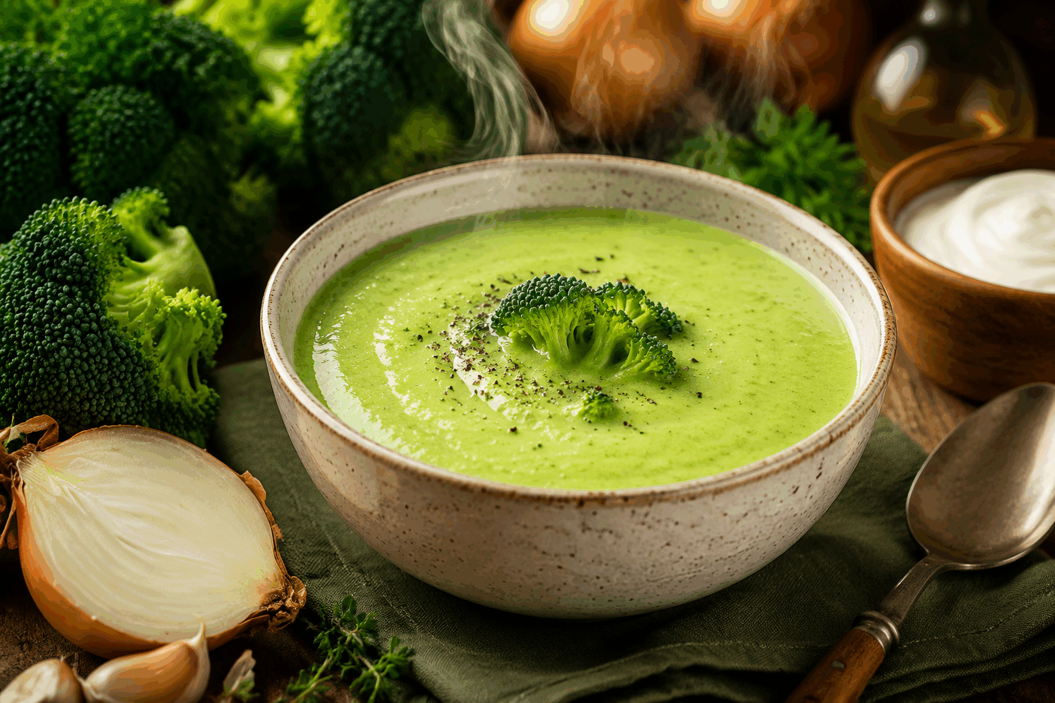 Soupe crémeuse au brocoli en 5 minutes avec seulement 4 ingrédients Description Cette soupe crémeuse au brocoli est rapide à préparer et fond délicieusement en bouche grâce à sa texture veloutée. Parfaite pour un repas léger ou une entrée réconfortante, elle ravira les amateurs de saveurs simples et naturelles. Idéale pour les soirées pressées ou les journées fraîches. Informations Temps de préparation : 2 minutes Temps de cuisson : 3 minutes Nombre de portions : 4 Difficulté : Facile Ingrédients Pour la soupe 300 g de brocoli frais ou surgelé 500 ml de bouillon de légumes 100 ml de crème liquide entière 1 cuillère à soupe d’huile d’olive Sel et poivre du moulin Préparation Coupe le brocoli en petits bouquets pour assurer une cuisson rapide. Dans une casserole, verse le bouillon de légumes et porte-le à ébullition à feu vif. Ajoute les brocolis et laisse cuire 3 minutes à couvert, jusqu’à ce qu’ils soient tendres mais encore légèrement croquants. Égoutte les brocolis en réservant un peu de bouillon, puis remets-les dans la casserole. Ajoute la crème liquide et l’huile d’olive, puis mixe à l’aide d’un mixeur plongeant jusqu’à obtenir une consistance lisse et onctueuse. Ajuste la texture avec un peu de bouillon réservé si nécessaire. Assaisonne avec du sel et du poivre selon ton goût. Réchauffe brièvement à feu doux si besoin, sans faire bouillir la soupe pour préserver la fraîcheur des saveurs. Astuces Pour une version encore plus légère, remplace la crème liquide par du yaourt nature ou du lait végétal crémeux. Utilise des brocolis surgelés pour gagner en rapidité, ils conservent bien leurs nutriments. Pour un goût plus relevé, ajoute une pincée de muscade ou un filet de jus de citron avant de servir. Conserve la soupe au frais dans un récipient hermétique jusqu’à 48 heures et réchauffe doucement. Service Serre cette soupe chaude dans des bols individuels, accompagnée de croûtons dorés à l’ail ou d’un peu de fromage râpé pour plus de gourmandise. Elle convient parfaitement comme entrée légère ou pour un déjeuner rapide et sain.