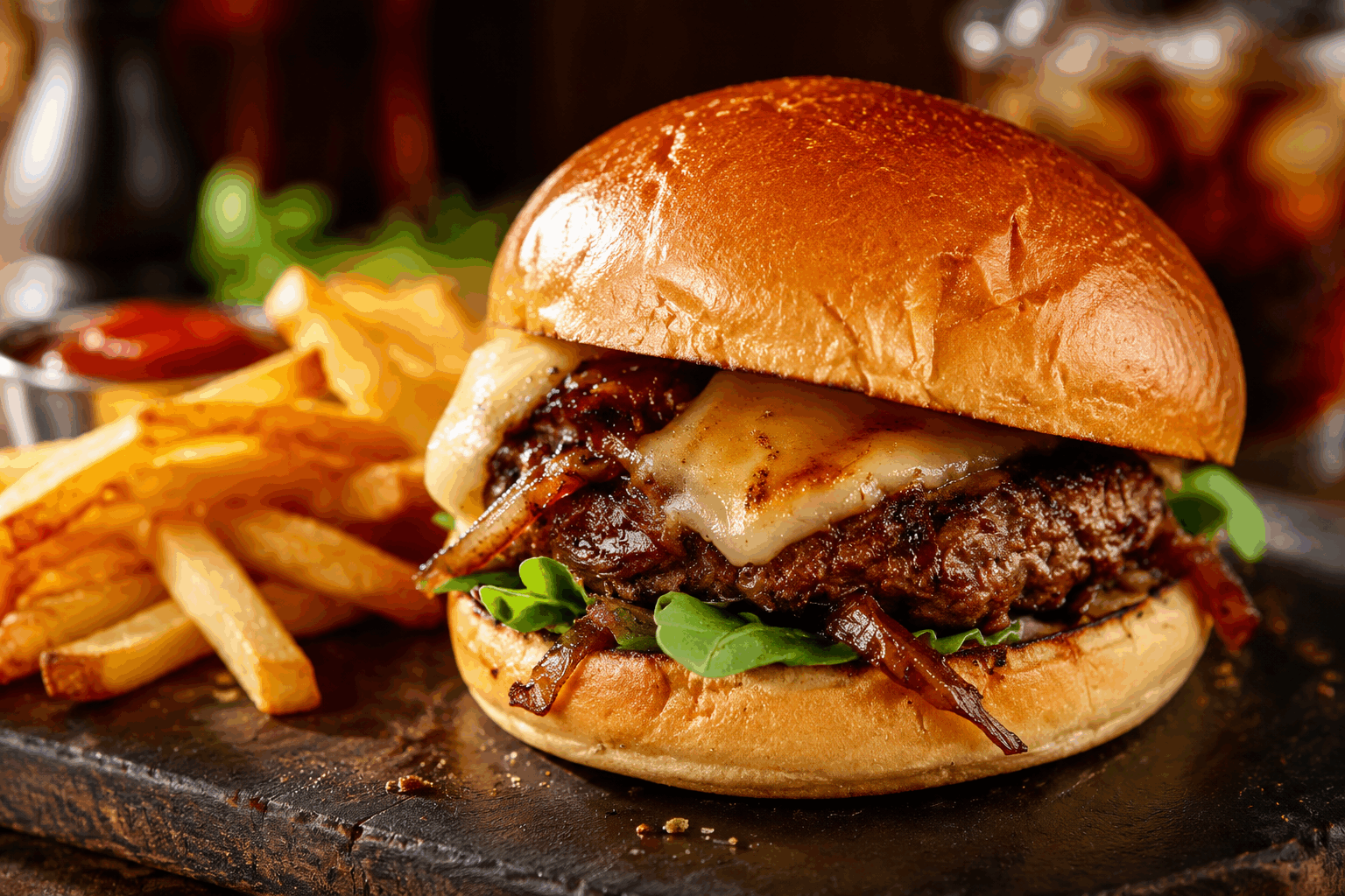 5 minutes pour un burger festif au confit d'oignon et fromage bleu qui fond dans la bouche 🔥 Description Ce burger express allie la douceur sucrée du confit d'oignon à la puissance et à la douceur fondante du fromage bleu. Parfait pour une pause gourmande ou un repas improvisé, il offre une explosion de saveurs en seulement 5 minutes, idéal pour une ambiance conviviale et festive. Informations Temps de préparation : 3 minutes Temps de cuisson : 2 minutes Nombre de portions : 2 burgers Difficulté : Facile Ingrédients Pour les burgers 2 pains à burger briochés 2 steaks hachés de bœuf (environ 120 g chacun) 100 g de fromage bleu (type roquefort, bleu d’Auvergne ou gorgonzola) 4 cuillères à soupe de confit d'oignons Quelques feuilles de salade verte (laitue ou roquette) 2 tranches de tomate 1 cuillère à soupe d’huile d’olive Sel et poivre du moulin Préparation Fais chauffer une poêle avec l’huile d’olive à feu moyen. Assaisonne les steaks hachés avec du sel et du poivre, puis cuis-les environ 1 minute 30 de chaque côté selon la cuisson désirée. Pendant la cuisson, ouvre les pains briochés en deux, et toaste-les rapidement côté mie dans une autre poêle ou au grille-pain. Étale 2 cuillères à soupe de confit d’oignon sur la base de chaque pain. Pose ensuite les steaks sur les pains, puis répartis le fromage bleu coupé en morceaux sur les steaks encore chauds pour qu’il commence à fondre immédiatement. Ajoute la tranche de tomate et quelques feuilles de salade sur le dessus. Referme les burgers avec les chapeaux des pains, presse légèrement et sers immédiatement pour profiter du fromage fondant. Astuces Choisis un fromage bleu de bonne qualité pour un goût équilibré et une meilleure fonte. Si tu n’as pas de confit d’oignon, fais rapidement revenir des oignons finement émincés avec un peu de sucre et de vinaigre balsamique. Pour plus de croquant, ajoute quelques rondelles de cornichons ou un peu de noix concassée dans le burger. Prépare tous les ingrédients à l’avance pour réduire encore plus le temps de montage et profiter d’un burger ultra rapide. Service Servez ce burger festif accompagné de frites maison ou d’une salade verte pour un repas complet et gourmand. Idéal pour une soirée entre amis ou un déjeuner rapide qui ne sacrifie pas la saveur. Propose une bière blonde fraîche ou un verre de vin rouge léger pour parfaire l’expérience.