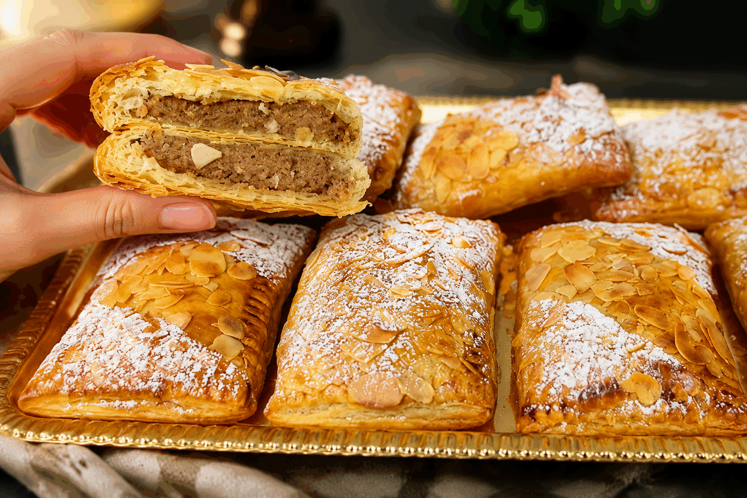 5 minutes pour un feuilleté crème et amandes qui fond dans la bouche 😍 Description Ce feuilleté rapide et gourmand allie la douceur d’une crème légère à la gourmandise des amandes torréfiées. Sa pâte feuilletée dorée et croustillante cache une garniture fondante qui ravira les amateurs de pâtisseries délicates. Parfait pour une pause sucrée improvisée ou un dessert express qui fait toujours son effet. Informations Temps de préparation : 5 minutes Temps de cuisson : 15 minutes Nombre de portions : 4 pièces Difficulté : Facile Ingrédients Pour la pâte et la garniture 1 rouleau de pâte feuilletée pur beurre 100 ml de crème fraîche épaisse 50 g de sucre en poudre 50 g de poudre d’amandes 30 g d’amandes effilées 1 œuf (pour la dorure) 1 cuillère à café d’extrait de vanille (facultatif) Une pincée de sel Préparation Préchauffe le four à 180°C (chaleur tournante si possible). Dans un bol, mélange la crème fraîche, le sucre, la poudre d’amandes, la vanille et la pincée de sel jusqu’à obtenir une crème homogène. Déroule la pâte feuilletée et découpe-la en 4 carrés égaux. Au centre de chaque carré, dépose une généreuse cuillère de crème d’amandes. Rabats les coins des carrés vers le centre pour former un feuilleté bien fermé, puis pince bien les bords pour éviter que la crème s’échappe à la cuisson. Badigeonne chaque feuilleté avec l’œuf battu à l’aide d’un pinceau pour obtenir une belle couleur dorée. Parseme les amandes effilées sur le dessus et appuie légèrement pour les faire adhérer. Enfourne sur une plaque recouverte de papier cuisson et fais cuire 15 minutes ou jusqu’à ce que le feuilleté soit bien doré et croustillant. Laisse tiédir quelques minutes avant de déguster pour profiter pleinement de la texture fondante. Astuces Utilise une crème fraîche entière pour plus d’onctuosité et de goût. Pour une version encore plus parfumée, ajoute un zeste de citron ou d’orange à la crème. Pense à bien sceller les bords du feuilleté pour éviter les fuites lors de la cuisson. Conserve les feuilletés au réfrigérateur si tu ne les manges pas tout de suite et réchauffe-les brièvement au four avant de servir. Service Servez ces feuilletés tièdes, accompagnés d’un thé ou d’un café, pour un goûter réconfortant et rapide. Ils conviennent également très bien en clôture d’un repas léger ou pour un brunch gourmand.