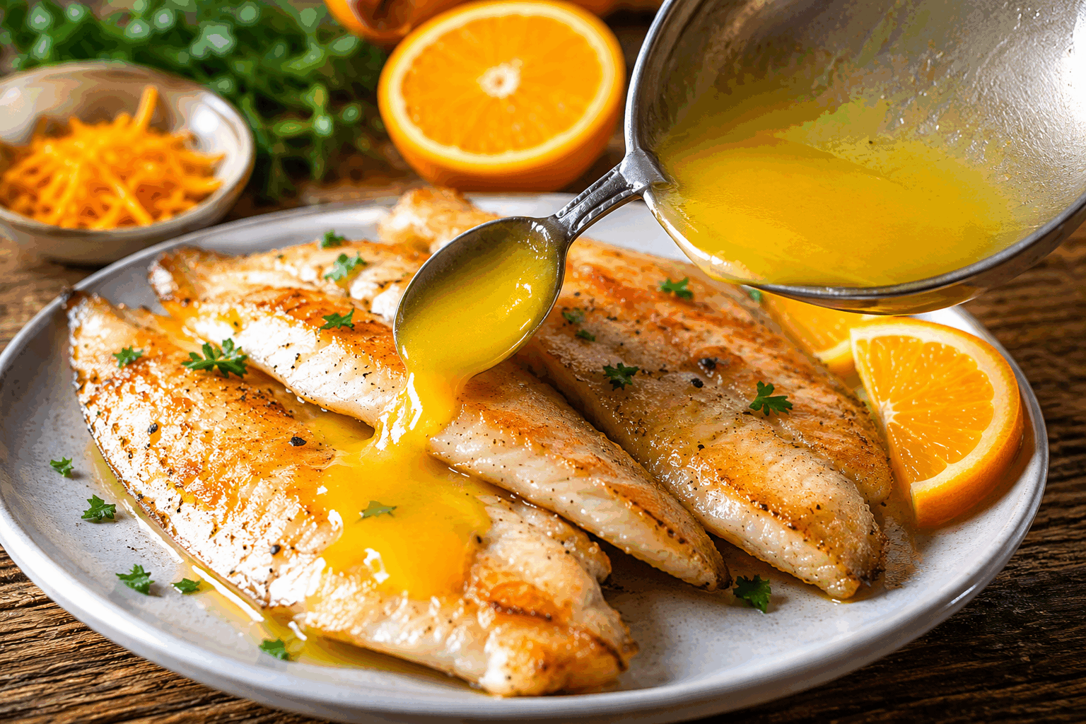 5 minutes pour une sauce beurre d'orange qui sublime tous vos poissons ✨ Description Cette sauce beurre d'orange rapide et gourmande apporte une note acidulée et délicatement beurrée qui rehausse à merveille le goût naturel de vos poissons. Parfumée à l’orange fraîche et légèrement adoucie par le beurre, elle est idéale pour sublimer un filet de poisson blanc ou un pavé de saumon lors d’un dîner express mais raffiné. Informations Temps de préparation : 3 minutes Temps de cuisson : 2 minutes Nombre de portions : 4 personnes Difficulté : Facile Ingrédients Pour la sauce beurre d'orange 120 g de beurre doux froid coupé en cubes 100 ml de jus d’orange fraîchement pressé (environ 2 oranges) 1 cuillère à soupe de vinaigre de cidre ou de vin blanc 1 cuillère à café de miel liquide 1 petite échalote finement hachée Sel fin, selon goût Poivre noir fraîchement moulu, selon goût Préparation Dans une petite casserole, fais revenir l’échalote hachée avec un filet d’huile d’olive à feu moyen pendant 1 minute, sans coloration. Verse le jus d’orange et le vinaigre dans la casserole, puis ajoute le miel. Laisse réduire environ 1 à 2 minutes à feu moyen-vif, jusqu’à obtenir un liquide légèrement sirupeux. Baisse le feu au minimum et ajoute peu à peu les cubes de beurre froid tout en fouettant vivement pour créer une émulsion lisse et brillante. Ne chauffe pas trop pour ne pas faire séparer la sauce. Assaisonne avec du sel et du poivre selon ton goût. Garde la sauce au chaud mais sans la cuire davantage, prête à être servie sur le poisson. Astuces Utilise un jus d’orange fraîchement pressé pour une saveur plus intense et naturelle. Ne surchauffe pas la sauce une fois le beurre incorporé pour éviter qu’elle ne tranche. Pour une touche herbacée, ajoute quelques brins de thym ou un peu de ciboulette ciselée. Cette sauce se marie parfaitement avec du filet de cabillaud, du saumon ou même une sole poêlée. Service Nappe généreusement votre poisson simplement grillé ou poêlé avec cette sauce beurre d’orange. Servez avec des légumes vapeur ou une purée fine pour un repas léger et élégant. Ce plat convient parfaitement à un dîner convivial en semaine ou à une occasion où vous souhaitez impressionner sans y passer des heures.