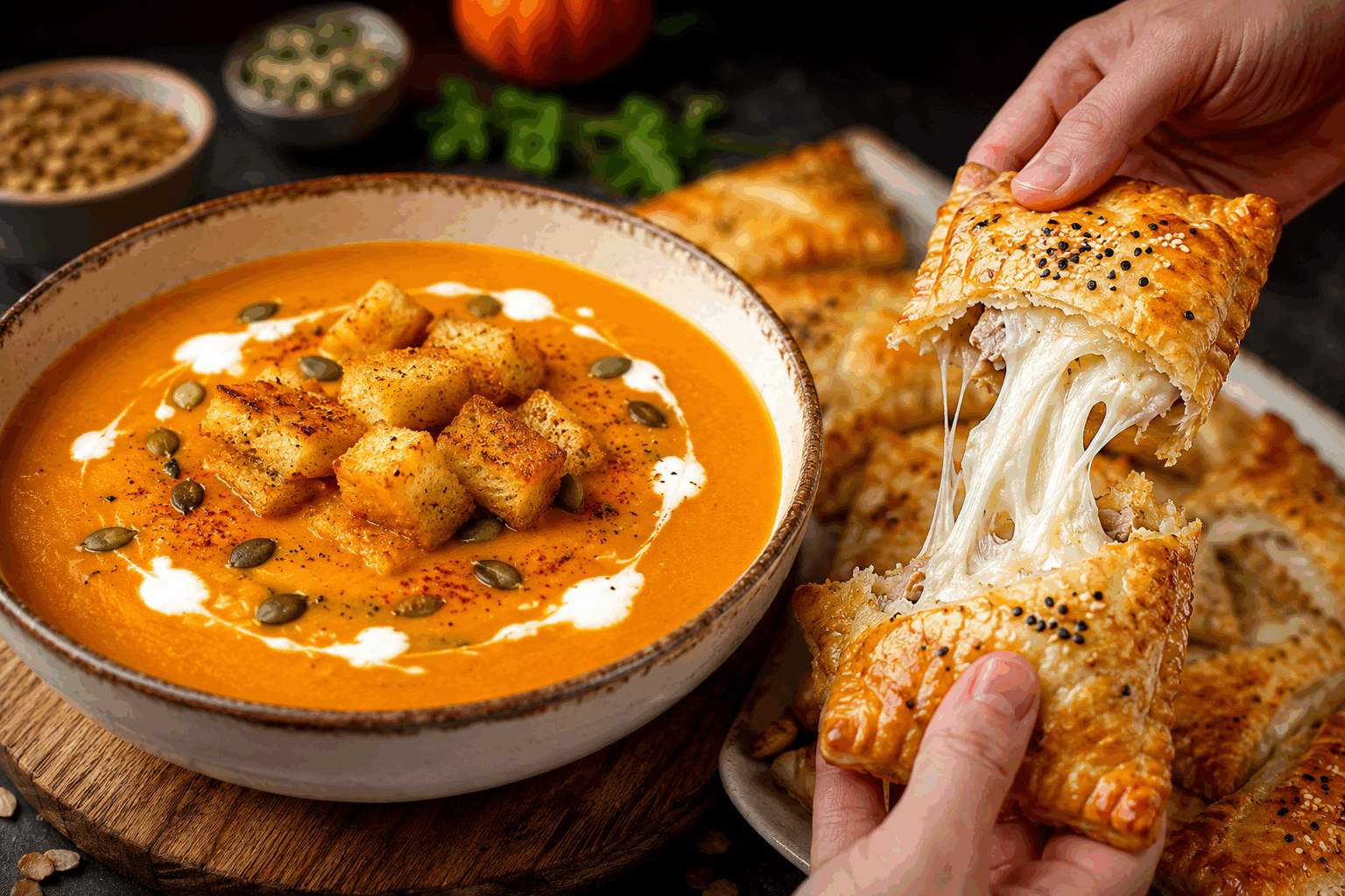 5 minutes pour une soupe maison et feuilletés express qui vont vous régaler 🤩 Description Cette recette combine une soupe maison rapide et des feuilletés croustillants, parfaits pour un repas express mais savoureux. La soupe légère et parfumée accompagne parfaitement les feuilletés dorés, créant une harmonie chaleureuse et gourmande. Idéale pour un dîner improvisé ou une pause déjeuner rapide, cette recette promet un vrai régal en un temps record. Informations Temps de préparation : 5 minutes Temps de cuisson : 10 minutes Nombre de portions : 2 personnes Difficulté : Facile Ingrédients Pour la soupe maison rapide 300 g de légumes surgelés (carottes, poireaux, courgettes) 500 ml d'eau 1 cube de bouillon de légumes 1 cuillère à soupe d'huile d'olive Sel et poivre Pour les feuilletés express 1 pâte feuilletée prête à dérouler 50 g de fromage râpé (emmental, comté ou gruyère) 50 g de jambon blanc ou de saucisse de Strasbourg (optionnel) 1 jaune d'œuf pour la dorure 1 cuillère à café de graines de sésame ou de pavot (facultatif) Préparation Verse l'eau dans une casserole, ajoute les légumes surgelés et le cube de bouillon. Porte à ébullition puis laisse mijoter à feu moyen pendant 5 minutes. Pendant ce temps, préchauffe le four à 180°C (thermostat 6). Étale la pâte feuilletée sur une plaque recouverte de papier cuisson. Découpe-la en 6 rectangles égaux. Dispose sur chaque rectangle un peu de fromage râpé et, si tu le souhaites, un morceau de jambon ou de saucisse. Replie la pâte pour former des petits feuilletés et presse les bords avec une fourchette. Badigeonne les feuilletés avec le jaune d'œuf battu et saupoudre-les de graines si tu en utilises. Enfourne les feuilletés pendant 10 minutes, jusqu'à ce qu'ils soient bien dorés. Rectifie l'assaisonnement de la soupe avec du sel et du poivre, puis mixe-la si tu préfères une consistance lisse. Astuces Utilise des légumes surgelés pour gagner du temps sans sacrifier les saveurs. Pour une soupe plus onctueuse, ajoute un peu de crème fraîche ou un filet d'huile d'olive avant de mixer. Pour varier les feuilletés, remplace le jambon par du saumon fumé ou des légumes grillés. Si tu manques de temps, prépare les feuilletés à l'avance et conserve-les au réfrigérateur avant cuisson. Service Servez la soupe chaude dans des bols, accompagnée des feuilletés croustillants à côté. Ce duo se prête parfaitement à un repas convivial, rapide et chaleureux, idéal pour un soir de semaine ou un déjeuner sur le pouce. Accompagnez d’une salade verte pour plus de fraîcheur.