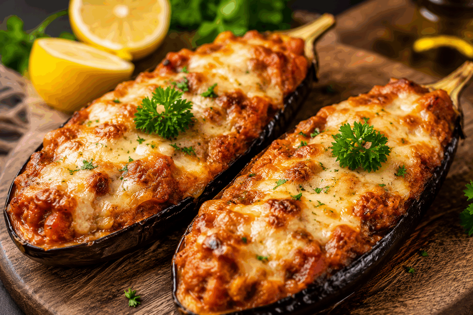 Aubergine farcie à l'italienne : le secret d’un plat fondant qui réchauffe le cœur 🍆✨ Description L'aubergine farcie à l'italienne est un plat savoureux et généreux, où la chair tendre de l'aubergine se mêle à une garniture parfumée aux herbes, tomates et fromages typiques du Sud de l'Italie. Fondant en bouche et riche en couleurs, ce plat chaleureux est parfait pour un repas convivial en famille ou entre amis. Informations Temps de préparation : 25 minutes Temps de cuisson : 40 minutes Nombre de portions : 4 personnes Difficulté : Moyenne Ingrédients Pour les aubergines 2 grosses aubergines 2 cuillères à soupe d'huile d'olive Sel fin Poivre noir du moulin Pour la garniture 200 g de viande hachée de boeuf (ou mélange boeuf/porc) 150 g de chair d'aubergine prélevée 200 g de tomates concassées (en boîte ou fraîches) 1 oignon moyen 2 gousses d'ail 50 g de parmesan râpé 100 g de mozzarella 2 cuillères à soupe de chapelure 1 cuillère à soupe d'huile d'olive Quelques feuilles de basilic frais 1 cuillère à café d'origan séché Sel et poivre Préparation Préchauffe le four à 180°C (chaleur tournante). Lave les aubergines, coupe-les en deux dans le sens de la longueur et évide-les délicatement à l’aide d’une cuillère en veillant à ne pas percer la peau. Réserve la chair. Sale légèrement les aubergines évidées et laisse-les dégorger 15 minutes pour retirer l’amertume, puis éponge avec un papier absorbant. Dans une poêle, fais chauffer 2 cuillères à soupe d’huile d’olive. Ajoute l'oignon finement haché et l’ail écrasé, fais-les revenir doucement jusqu’à ce qu’ils soient translucides. Ajoute la viande hachée et fais-la dorer en émiettant bien. Incorpore ensuite la chair d’aubergine coupée en dés, puis les tomates concassées, l’origan, du sel et du poivre. Laisse mijoter 15 minutes à feu moyen, jusqu’à obtenir une préparation épaisse. Hors du feu, ajoute la moitié du parmesan râpé et le basilic frais ciselé. Mélange bien la farce. Remplis généreusement les aubergines évidées avec la préparation, dispose des tranches ou morceaux de mozzarella sur le dessus, puis saupoudre de chapelure et du reste de parmesan. Dispose les aubergines farcies dans un plat allant au four, arrose d’un filet d’huile d’olive et enfourne pour 25 minutes jusqu’à ce que le dessus soit doré et gratiné. Sors du four, laisse reposer 5 minutes avant de servir pour que les saveurs se fondent. Astuces Pour une version végétarienne, remplace la viande par des champignons finement hachés et des lentilles cuites. Choisis des aubergines fermes et bien lourdes pour une meilleure tenue à la cuisson. Ne jette pas la chair d’aubergine évidée : elle apporte du moelleux et de la saveur à la garniture. Serre ce plat avec un vin rouge italien léger comme un Chianti ou un Dolcetto. Service Sers ces aubergines farcies bien chaudes, accompagnées d’une salade verte fraîche ou d’un riz pilaf. Ce plat rustique et fondant fait merveille lors d’un dîner convivial ou d’une sortie d’été conviviale, pour faire voyager les papilles en Italie.