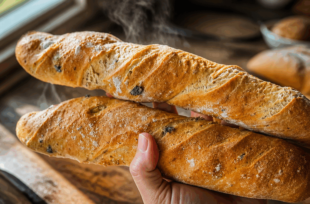 Baguettes maison aux olives : 5 minutes de préparation pour un goût irrésistible 😍👌 Description Ces baguettes maison agrémentées d'olives noires offrent une saveur méditerranéenne riche et délicieuse. Leur croûte dorée et croustillante cache une mie moelleuse parsemée de morceaux d’olives qui apportent du caractère à chaque bouchée. Parfaites pour un apéritif gourmand ou pour accompagner un repas convivial. Informations Temps de préparation : 5 minutes (hors temps de pousse) Temps de cuisson : 25 minutes Nombre de portions : 4 baguettes Difficulté : Moyenne Ingrédients Pour la pâte 500 g de farine de blé T65 320 ml d'eau tiède 10 g de sel 10 g de levure boulangère sèche 3 cuillères à soupe d'huile d'olive Pour la garniture 100 g d’olives noires dénoyautées, hachées grossièrement Préparation Dissous la levure dans l’eau tiède et laisse reposer 5 minutes jusqu'à légère mousse. Dans un grand saladier, mélange la farine et le sel. Forme un puits, verse l’huile d’olive puis la levure dissoute. Mélange à la main ou au robot jusqu’à obtenir une pâte homogène. Ajoute les olives hachées et incorpore-les délicatement sans trop pétrir. Couvre la pâte d’un linge humide et laisse lever 1h30 à température ambiante, jusqu'à ce qu’elle double de volume. Farine légèrement le plan de travail. Divise la pâte en 4 pâtons égaux. Façonne chaque pâton en forme de baguette allongée (environ 30 cm). Dispose les baguettes sur une plaque recouverte de papier cuisson. Couvre à nouveau et laisse reposer 30 minutes. Préchauffe le four à 230°C avec un récipient rempli d’eau en bas pour créer de la vapeur. Avant d’enfourner, réalise 4 à 5 entailles obliques sur le dessus avec une lame très tranchante. Enfourne les baguettes pour 25 minutes jusqu’à ce qu’elles soient bien dorées et croustillantes. Retire les pains du four, laisse refroidir sur une grille avant de déguster. Astuces Pour une mie encore plus alvéolée, pétris la pâte un peu moins et privilégie le temps de repos plus long. Si tu n’as pas de levure sèche, remplace par 20 g de levure fraîche en l’émiettant dans l’eau tiède. Utilise des olives de bonne qualité, dénoyautées et légèrement égouttées pour éviter l’excès d’humidité dans la pâte. La vapeur au début de cuisson est essentielle pour une croûte croustillante : un coup de buée au début du four fonctionne aussi. Service Sers ces baguettes maison aux olives légèrement tièdes, accompagnées d’un plateau de fromages variés, d’un assortiment de charcuterie ou simplement avec un bon verre de vin rosé. Elles sont idéales pour un apéritif convivial ou pour relever la simplicité d’un plateau repas méditerranéen.