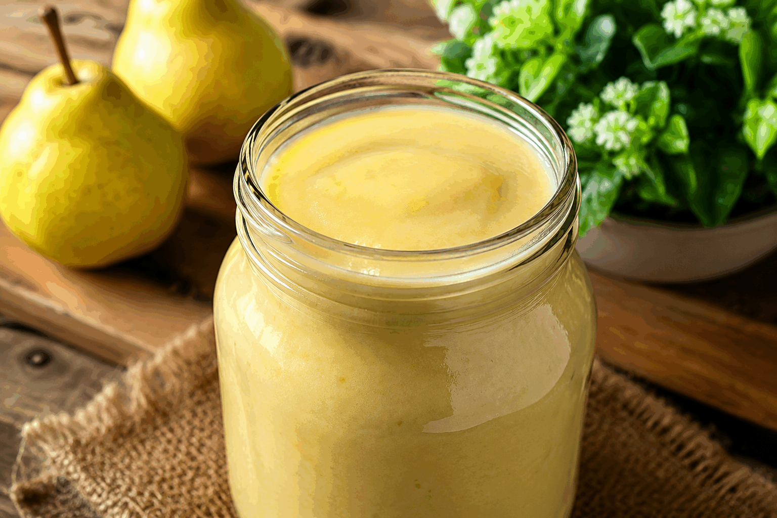 Beurre de poires maison en 5 minutes, la douceur que vous allez adorer 😍 Description Le beurre de poires est une pâte onctueuse et sucrée qui conserve toute la douceur et le parfum subtil des poires. Facile et rapide à préparer, ce condiment est parfait pour tartiner sur du pain, accompagner des crêpes ou agrémenter un plateau de fromages. Sa texture veloutée et son goût délicat en font une douceur à adopter sans attendre. Informations Temps de préparation : 5 minutes Temps de cuisson : 0 minute Nombre de portions : 4 portions Difficulté : Facile Ingrédients Ingrédients principaux 300 g de poires mûres (variété au choix, type Conférence ou Williams) 30 g de sucre en poudre 15 g de beurre doux 1 cuillère à soupe de jus de citron 1 cuillère à café d’extrait de vanille (facultatif) Préparation Épluchez les poires, retirez le cœur et les pépins, puis coupez-les en morceaux grossiers. Placez les morceaux de poires dans un bol adapté au mixeur plongeant. Ajoutez le sucre, le beurre, le jus de citron et l’extrait de vanille si désiré. Mixez le tout à l’aide du mixeur plongeant jusqu’à obtenir une texture lisse et crémeuse, homogène. Versez immédiatement votre beurre de poires dans un petit pot ou un récipient hermétique et réservez au frais si vous ne le consommez pas tout de suite. Astuces Choisissez des poires bien mûres pour une douceur optimale et une texture facile à mixer. Le jus de citron évite que le beurre de poires ne s’oxyde et garde une belle couleur claire. Vous pouvez ajouter une pincée de cannelle pour une saveur automnale plus marquée. Conservez votre beurre de poires au réfrigérateur et consommez-le dans les 3 jours pour une fraîcheur idéale. Service Servez ce beurre de poires en tartine sur du pain frais, des brioches ou des crêpes chaudes. Il peut également accompagner un plateau de fromages doux comme le camembert ou la tomme, ou encore être utilisé comme garniture pour des desserts rapides et gourmands. Parfait pour un goûter express ou un petit déjeuner fruité.