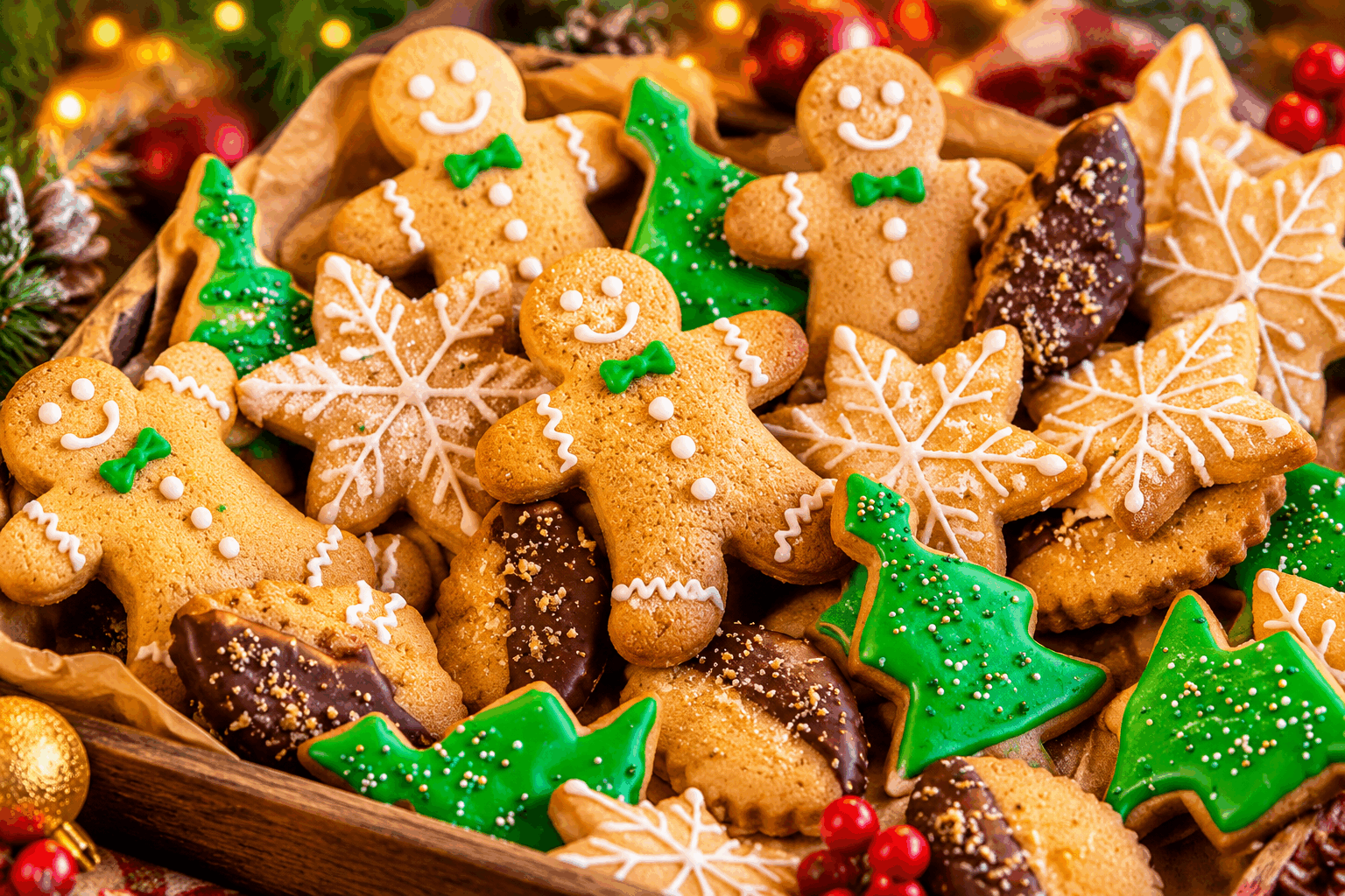 Biscuits de Noël fondants au pain d’épices avec un glaçage royal sans œuf, prêt en 30 min ❄️ Description Ces biscuits de Noël fondants sont délicieusement parfumés au pain d’épices, mêlant cannelle, gingembre et miel pour une douceur chaleureuse. Légèrement moelleux à l’intérieur et délicatement croustillants sur les bords, ils sont ornés d’un glaçage royal sans œuf, idéal pour les personnes allergiques. Parfaits pour accompagner un thé de l’après-midi ou pour garnir vos plateaux de fête, ils apportent une touche traditionnelle et gourmande à vos célébrations. Informations Temps de préparation : 15 minutes Temps de cuisson : 12 minutes Nombre de portions : 20 biscuits Difficulté : Facile Ingrédients Pour la pâte 200 g de farine de blé 100 g de miel liquide (type miel de fleurs ou d’acacia) 75 g de beurre mou 50 g de sucre roux 1 cuillère à café de bicarbonate de soude 1 cuillère à soupe de mélange pour pain d’épices (cannelle, gingembre, muscade, clou de girofle) 1 pincée de sel 3 cuillères à soupe de lait Pour le glaçage royal sans œuf 150 g de sucre glace 2 cuillères à soupe de jus de citron 1 cuillère à soupe d’eau tiède 1/2 cuillère à café de fécule de maïs (maïzena) Préparation Préchauffe le four à 180°C (th.6). Dans un saladier, mélange la farine, le bicarbonate, le mélange pour pain d’épices et le sel. Ajoute le beurre mou coupé en morceaux et travaille du bout des doigts jusqu’à obtenir une texture sableuse. Incorpore le miel, le sucre roux et le lait, puis pétris rapidement pour former une pâte homogène et souple. Étale la pâte sur un plan de travail fariné sur une épaisseur d’environ 5 mm. Découpe des formes avec un emporte-pièce de Noël (étoiles, sapins, rennes). Dépose les biscuits sur une plaque recouverte de papier cuisson en les espaçant légèrement. Enfourne pour 10 à 12 minutes, jusqu’à ce que les bords soient dorés mais que les biscuits restent moelleux au toucher. Laisse refroidir complètement sur une grille avant de glacer. Prépare le glaçage royal : dans un bol, tamise le sucre glace. Ajoute la fécule de maïs, le jus de citron et l’eau tiède, mélange bien jusqu’à obtenir une consistance épaisse mais fluide. Décore les biscuits à l’aide d’une petite cuillère ou d’une poche à douille fine. Laisse sécher au moins 30 minutes avant de stocker ou déguster. Astuces Pour un glaçage plus brillant, tu peux ajouter une pointe de vinaigre blanc à la place du jus de citron. Si la pâte est trop collante, place-la 30 minutes au frais avant de l’étaler pour faciliter la découpe. Conserve les biscuits dans une boîte hermétique à température ambiante pour préserver leur fondant plusieurs jours. Tu peux parfumer le glaçage avec un peu d’extrait naturel de vanille ou d’amande pour varier les saveurs. Service Sers ces biscuits fondants au pain d’épices en fin d’après-midi avec une tasse de thé noir épicé ou un chocolat chaud. Ils sont également parfaits en cadeau gourmand emballés dans des sachets transparents, pour partager l’esprit de Noël avec famille et amis.