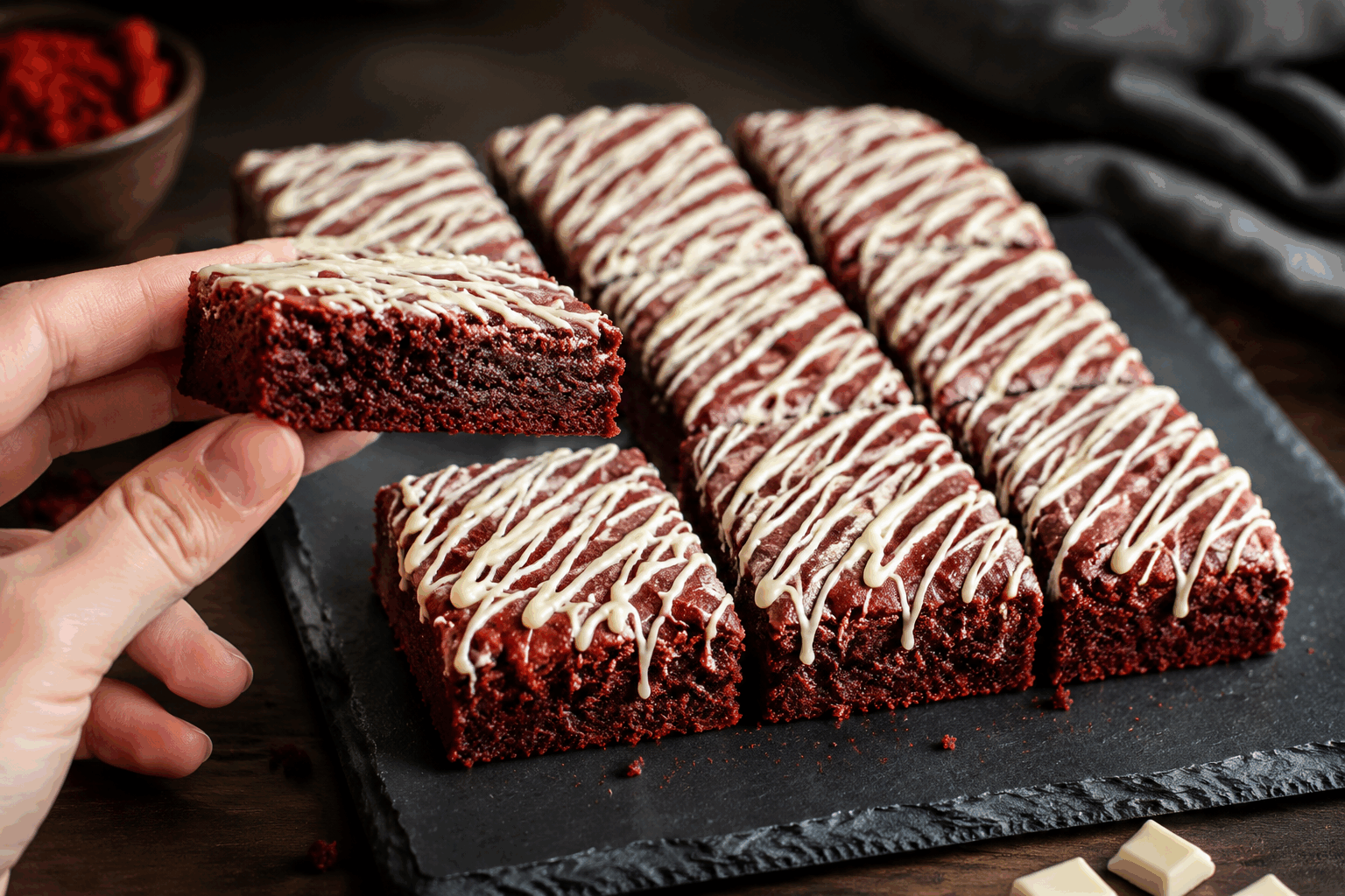 Brownies red velvet ultra fondants sans beurre, prêts en 10 minutes 😍🔥 Description Découvrez ces brownies red velvet ultra fondants, moelleux à souhait, qui se préparent sans beurre et en un temps record. Leur texture légère et leur belle couleur rouge intense raviront les amateurs de douceur gourmande. Parfait pour un goûter express ou un dessert improvisé qui impressionne sans effort. Informations Temps de préparation : 10 minutes Temps de cuisson : 20 minutes Nombre de portions : 12 pièces Difficulté : Facile Ingrédients Pour la pâte à brownies 170 g de chocolat noir 3 œufs 150 g de sucre 100 g de farine 2 cuillères à soupe de cacao en poudre non sucré 2 cuillères à soupe d'huile végétale neutre (tournesol ou colza) 1 cuillère à soupe de lait 1 cuillère à café d’extrait de vanille 1 cuillère à café de vinaigre blanc 1 cuillère à café de bicarbonate de soude 1 pincée de sel Colorant rouge alimentaire (environ 1 cuillère à café, ajuster selon l'intensité désirée) Préparation Préchauffe le four à 180°C (chaleur statique ou 160°C chaleur tournante). Fais fondre le chocolat au bain-marie ou au micro-ondes par tranches de 30 secondes en remuant entre chaque étape pour obtenir une texture lisse. Dans un saladier, bats les œufs avec le sucre jusqu’à ce que le mélange blanchisse légèrement. Ajoute l’huile, le lait, l’extrait de vanille et le vinaigre, puis mélange bien. Incorpore le chocolat fondu et le colorant rouge, mélange délicatement pour une couleur homogène. Tamise la farine avec le cacao, le bicarbonate et le sel, puis ajoute-les au mélange précédent. Mélange juste assez pour incorporer la farine sans travailler la pâte excessivement afin de garder le moelleux. Verse la préparation dans un moule carré (20x20 cm) chemisé de papier sulfurisé. Enfourne pour environ 20 minutes : le cœur doit rester fondant mais le dessus légèrement craquant. Laisse refroidir avant de découper en carrés pour un service optimal. Astuces Pour un résultat encore plus fondant, évite de trop cuire les brownies : il est normal que la pointe du couteau ressorte légèrement humide. Tu peux remplacer le chocolat noir par du chocolat au lait pour un goût plus doux et sucré. Le vinaigre blanc associé au bicarbonate aide à donner cette texture aérée et la saveur typique du red velvet, ne le supprime pas. Conserve les brownies dans une boîte hermétique à température ambiante pour qu’ils gardent leur moelleux plusieurs jours. Service Présente ces brownies red velvet dans une assiette ou sur un plateau, éventuellement accompagnés d’une crème fouettée légère ou d’une boule de glace vanille. Idéal pour un goûter, une fête d’anniversaire ou un dessert rapide qui plaira à toute la famille.